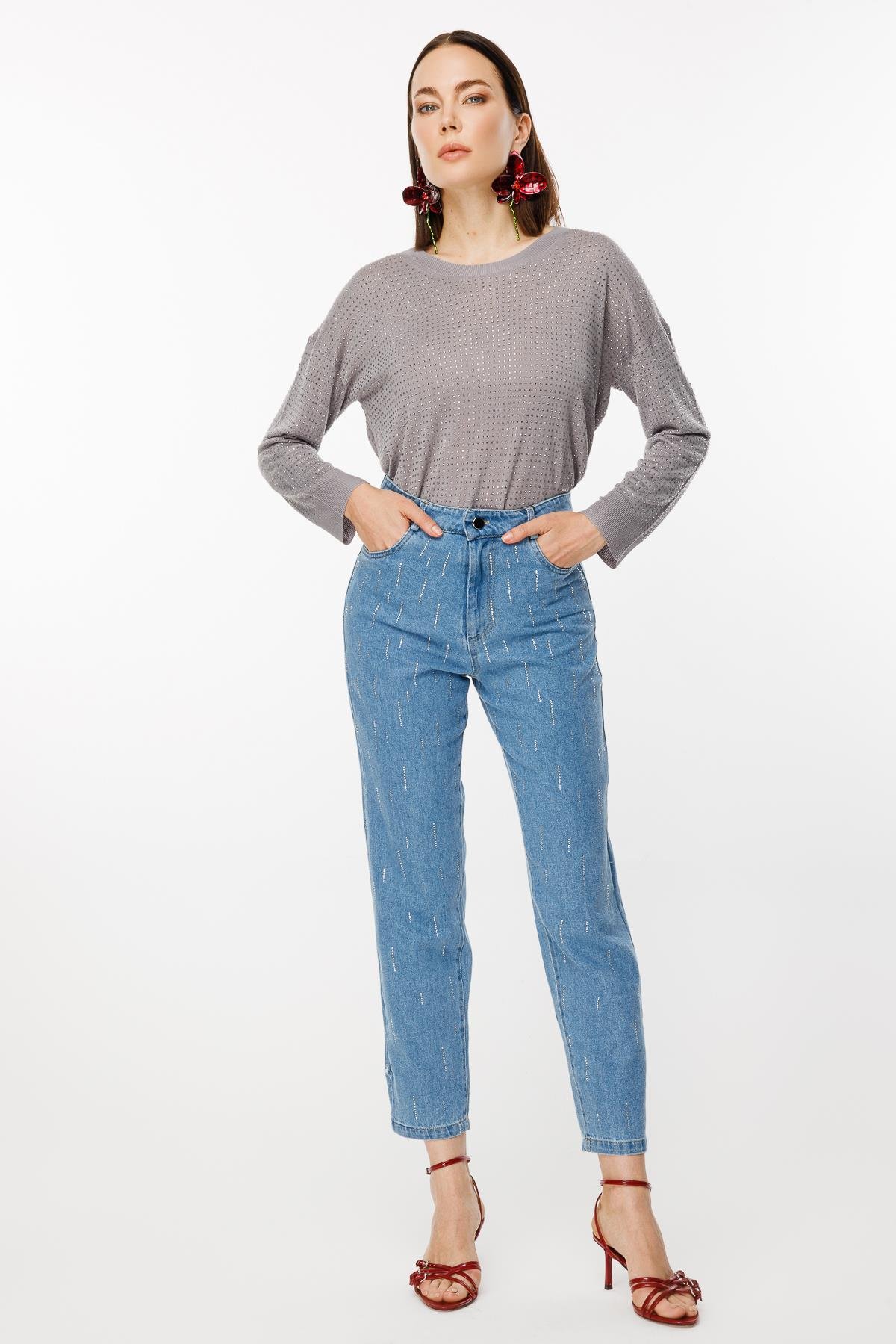 Rahat Kalıp Taş Baskılı Kot Pantolon - MAVİ