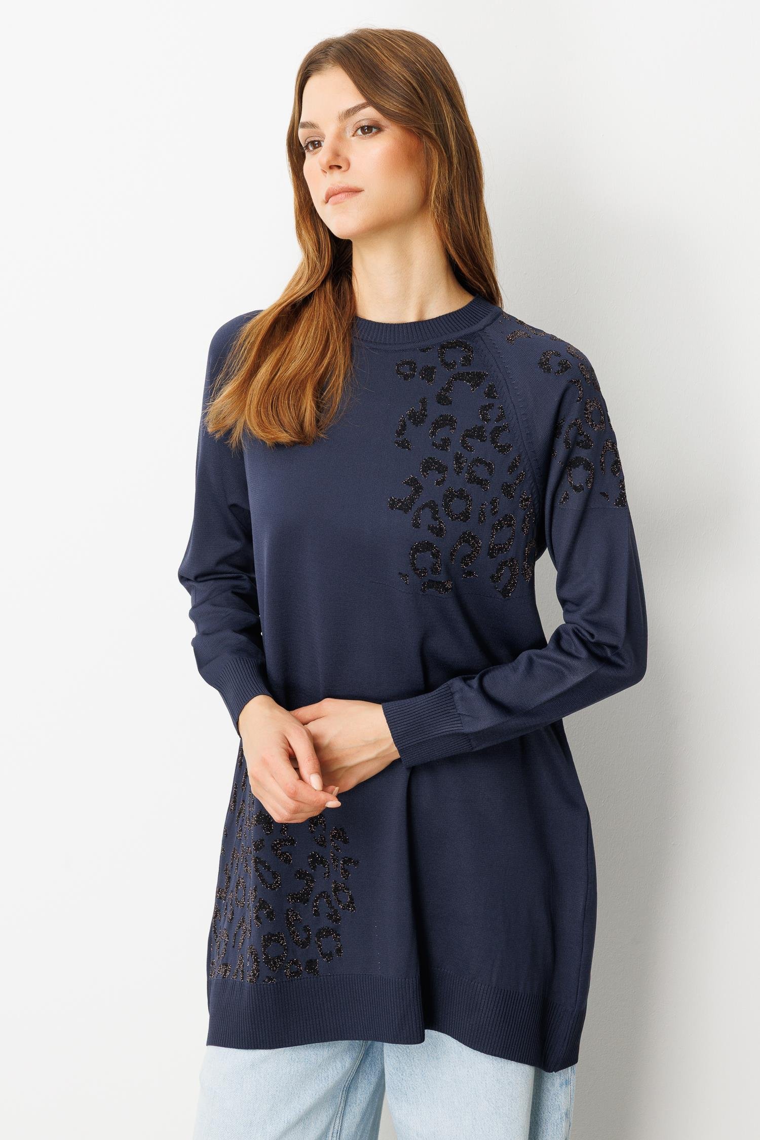 Reglan Kol Leopar Desenli Triko Tunik-LACI