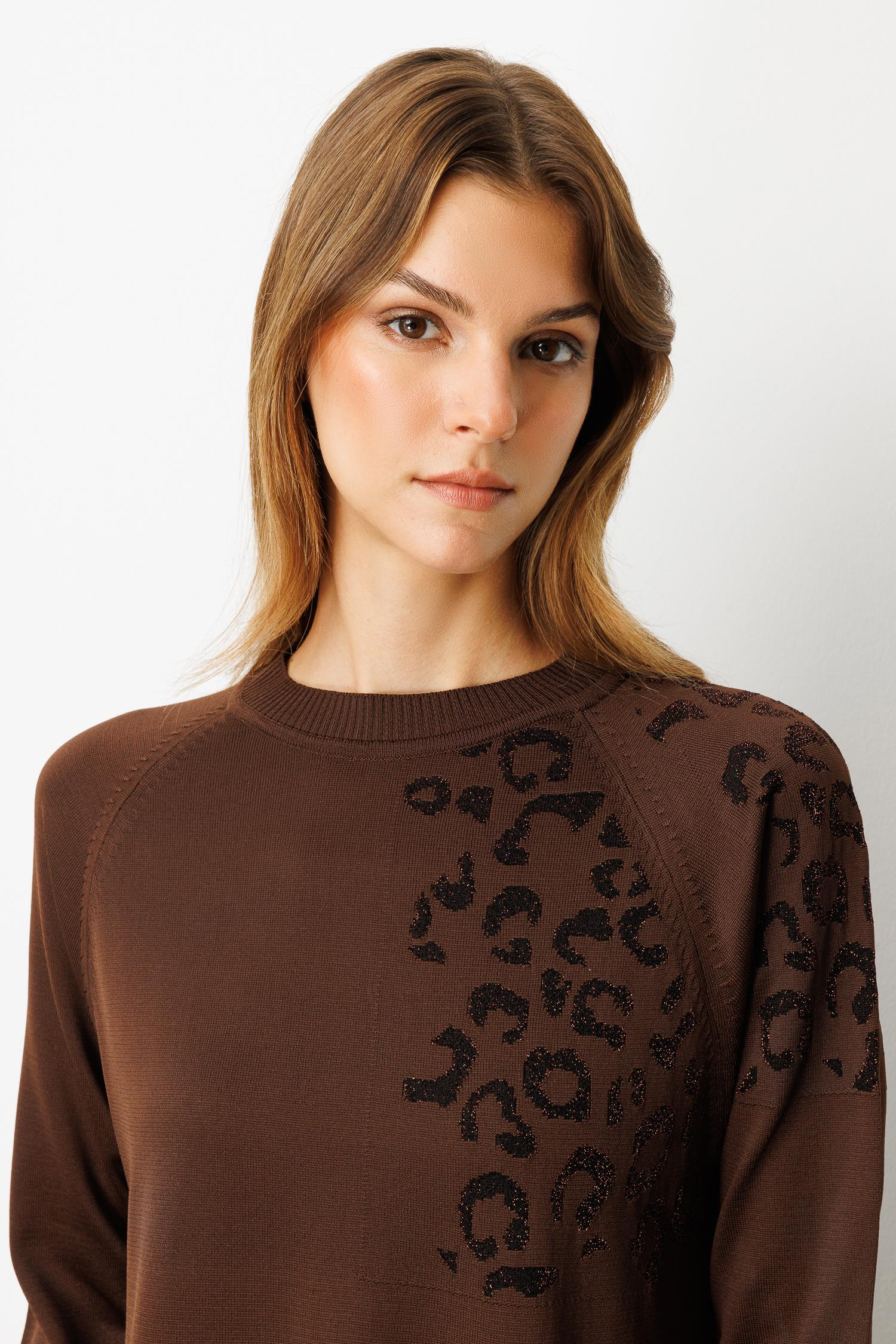 Reglan Kol Leopar Desenli Triko Tunik-KAHVE