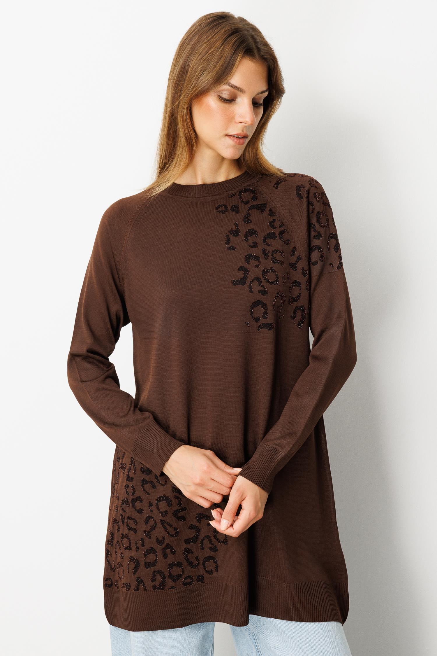 Reglan Kol Leopar Desenli Triko Tunik-KAHVE