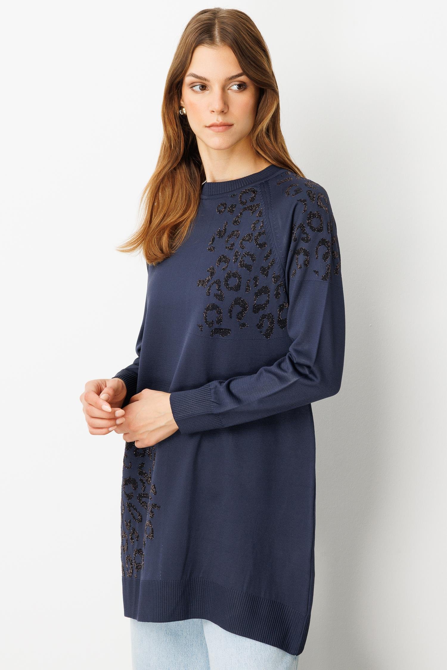 Reglan Kol Leopar Desenli Triko Tunik-LACI