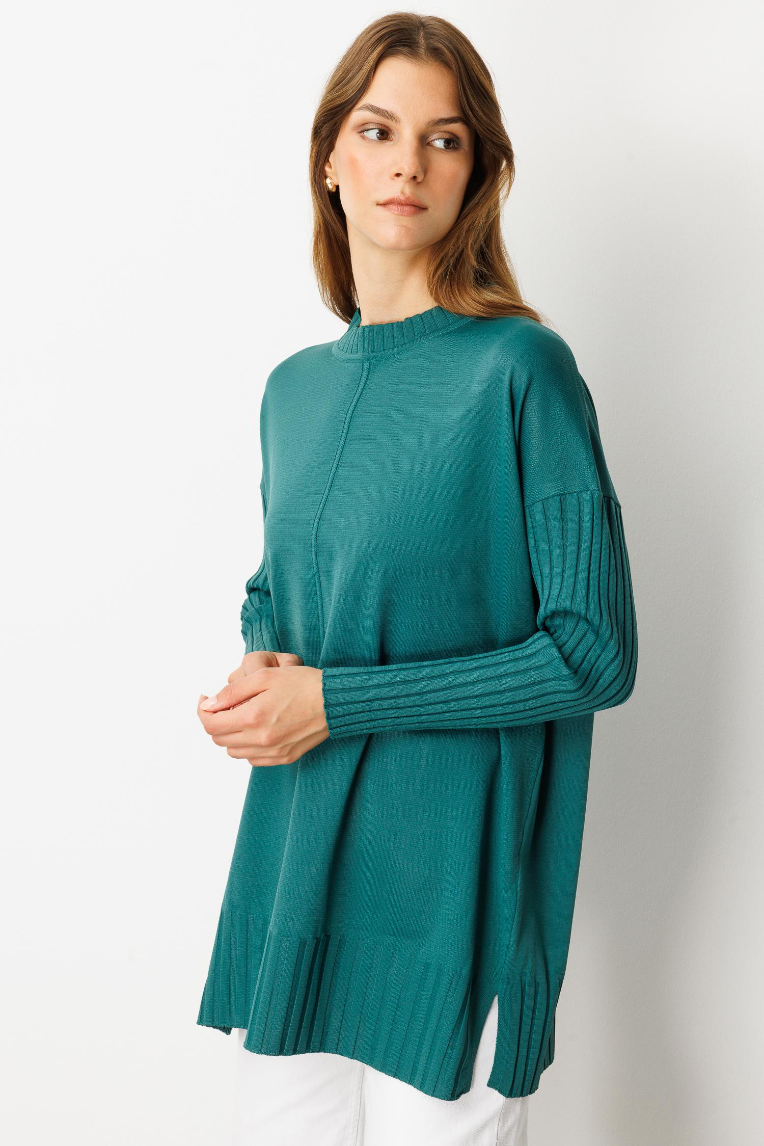 Ribana Detaylı Triko Tunik-ZÜMRÜT