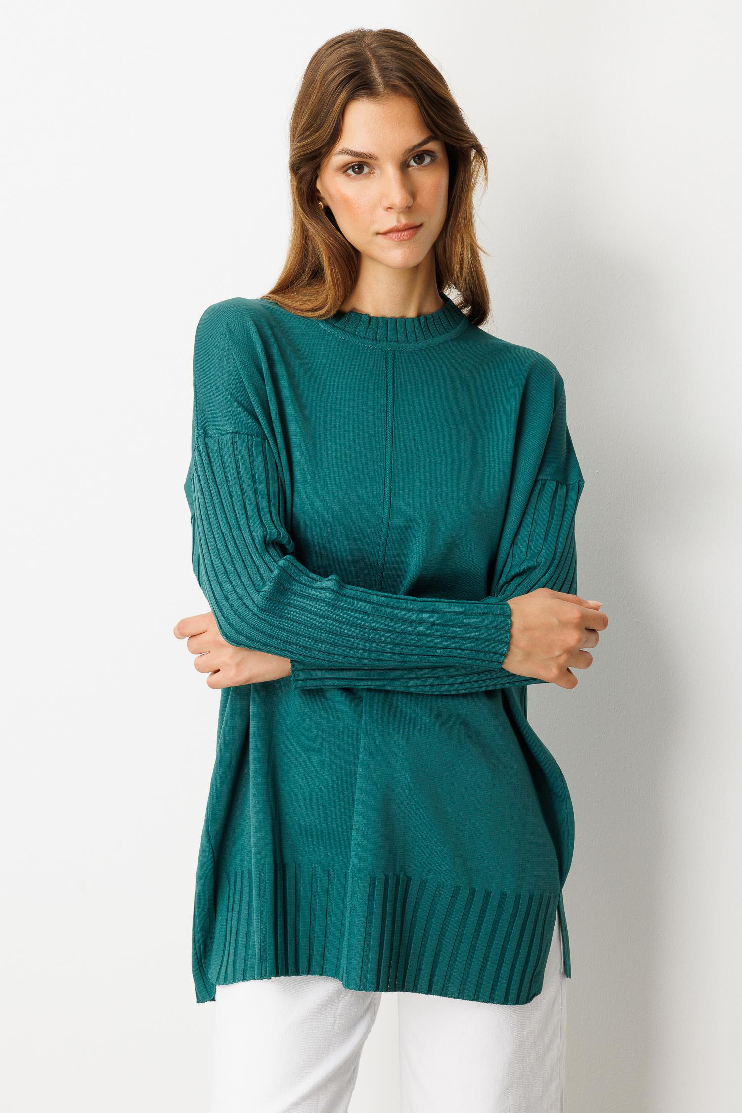 Ribana Detaylı Triko Tunik-ZÜMRÜT