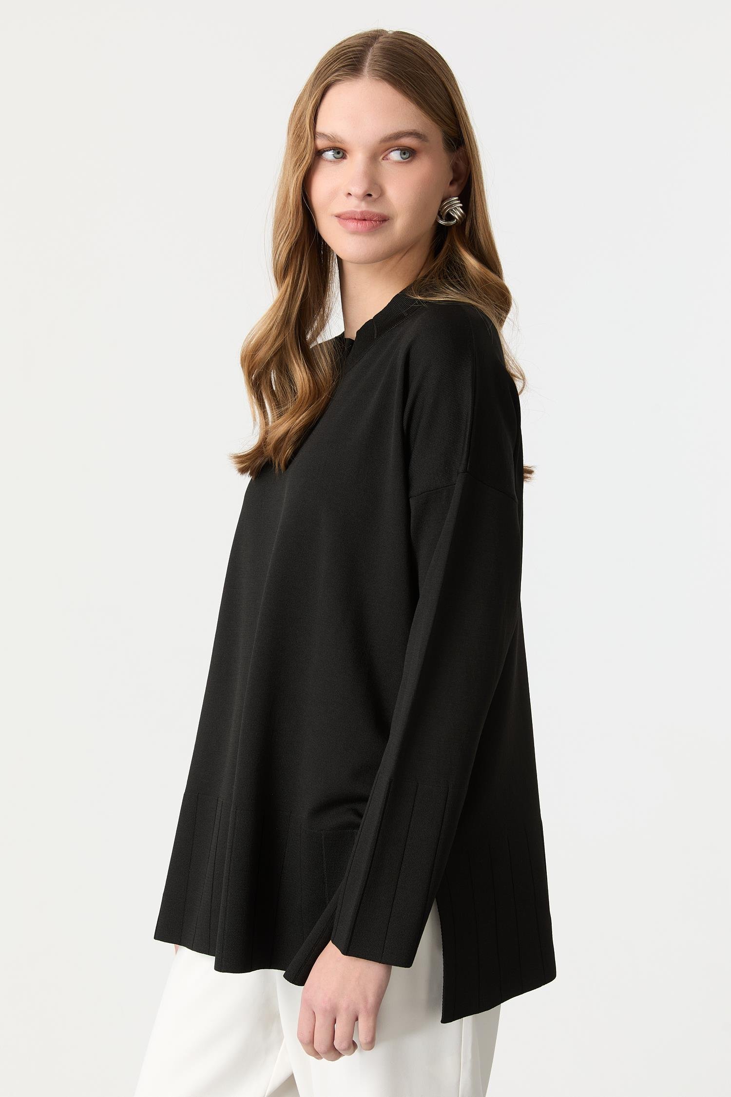 Ribana Yaka Triko Tunik-SİYAH