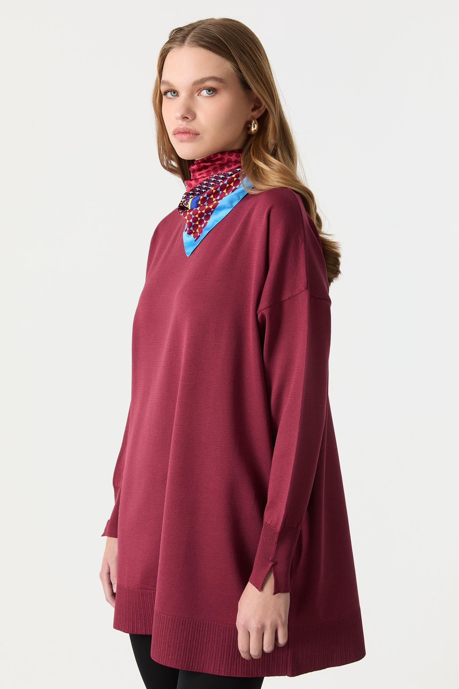 Ribanalı Triko Tunik-BORDO