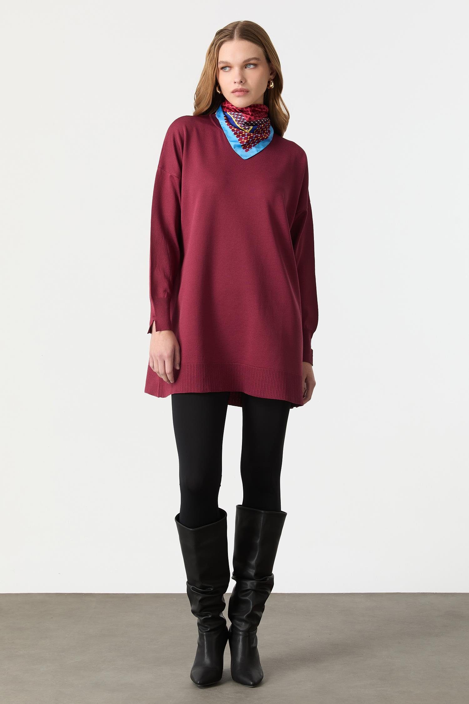 Ribanalı Triko Tunik-BORDO