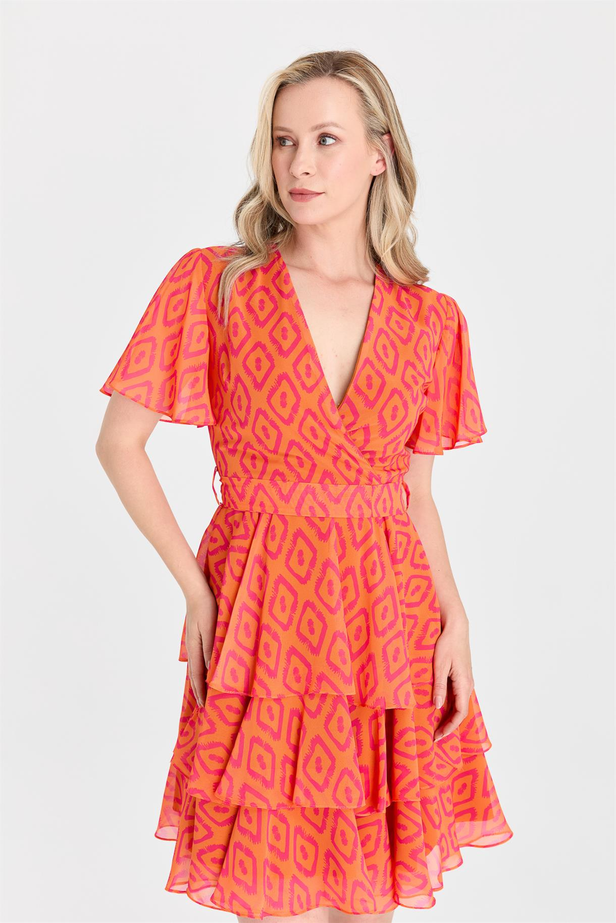 S5-564 GEOMETRİK BAS. ŞİF. BAYAN ELBİSE - ORANJE