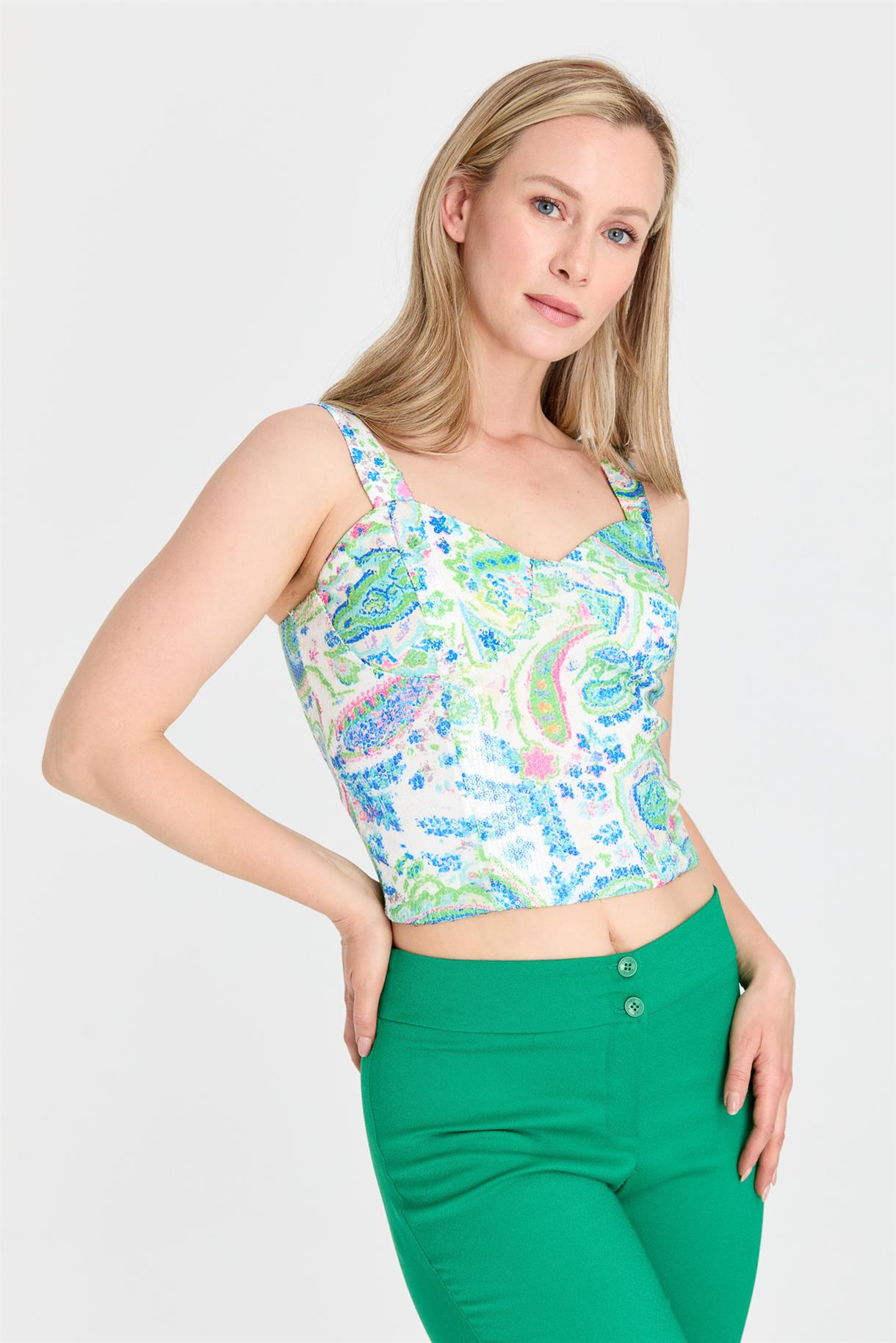 S8-547 BASK.PUL PAYET BAYAN BLUZ - YEŞİL