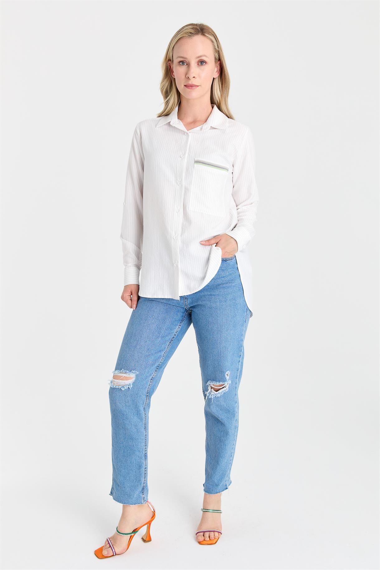 S8-627 ÇİZG.COTON BAYAN GÖMLEK - GRİ
