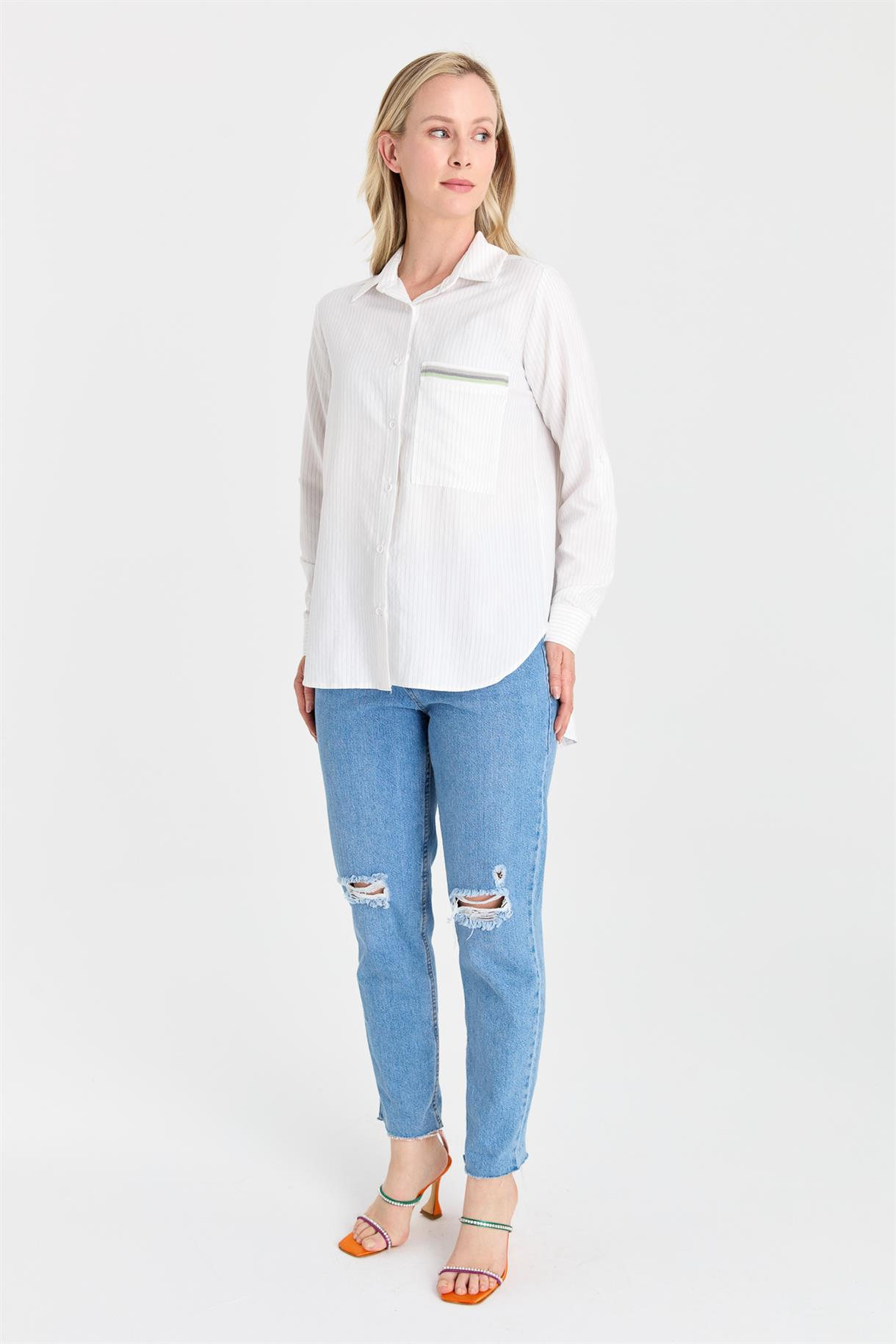 S8-627 ÇİZG.COTON BAYAN GÖMLEK - GRİ