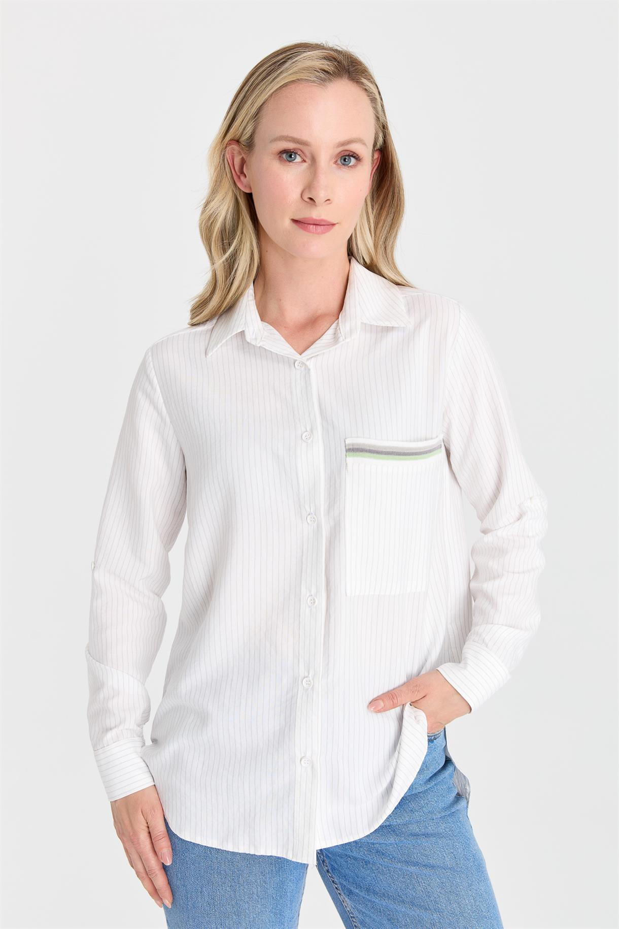 S8-627 ÇİZG.COTON BAYAN GÖMLEK - GRİ