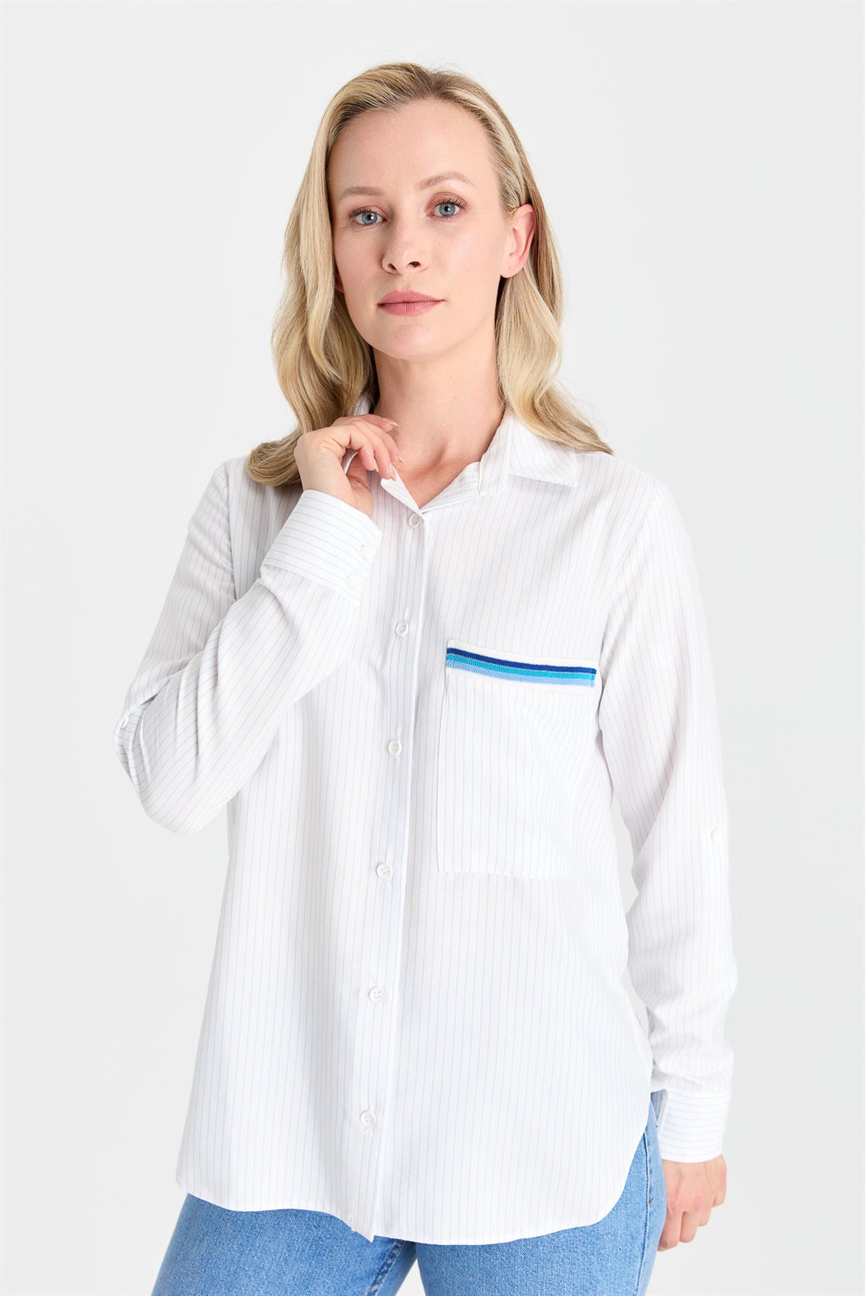 S8-627 ÇİZG.COTON BAYAN GÖMLEK - MAVİ