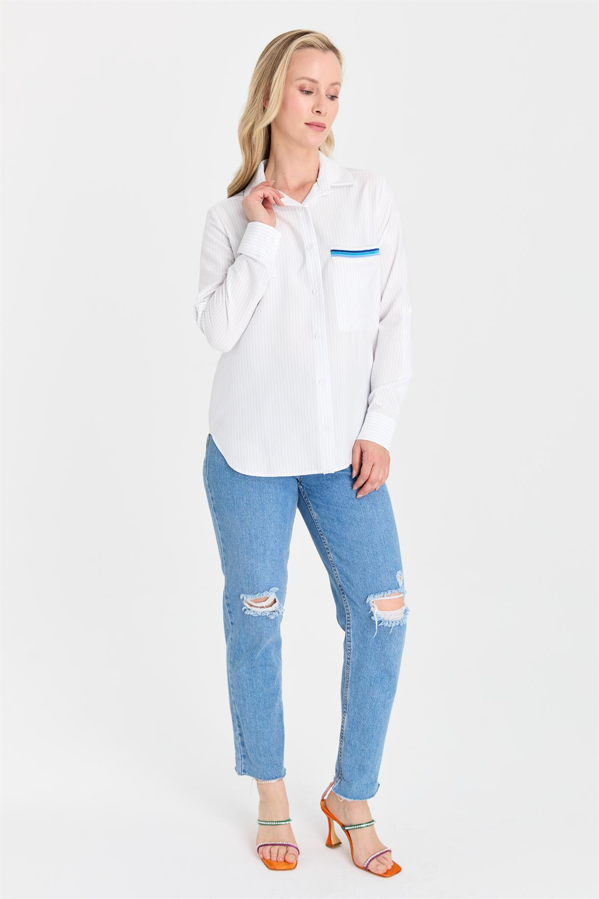 S8-627 ÇİZG.COTON BAYAN GÖMLEK - MAVİ