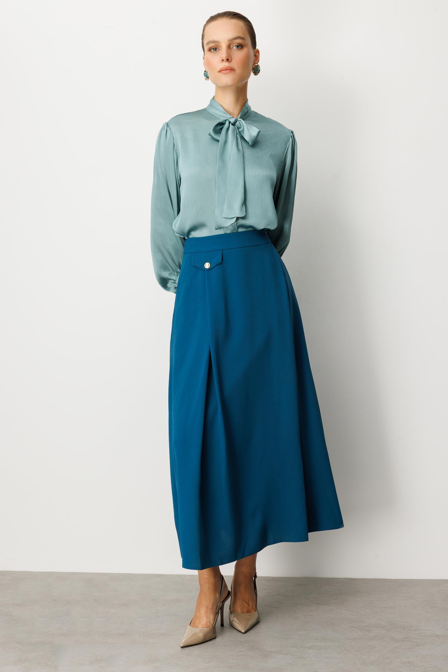 Sahte Cep Detaylı Krep Etek-PETROL