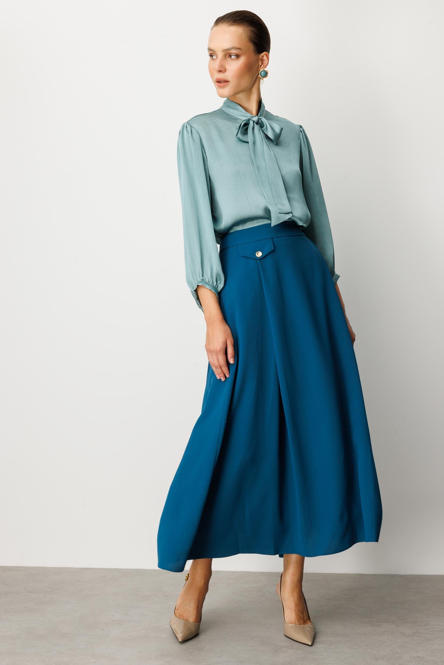 Sahte Cep Detaylı Krep Etek-PETROL