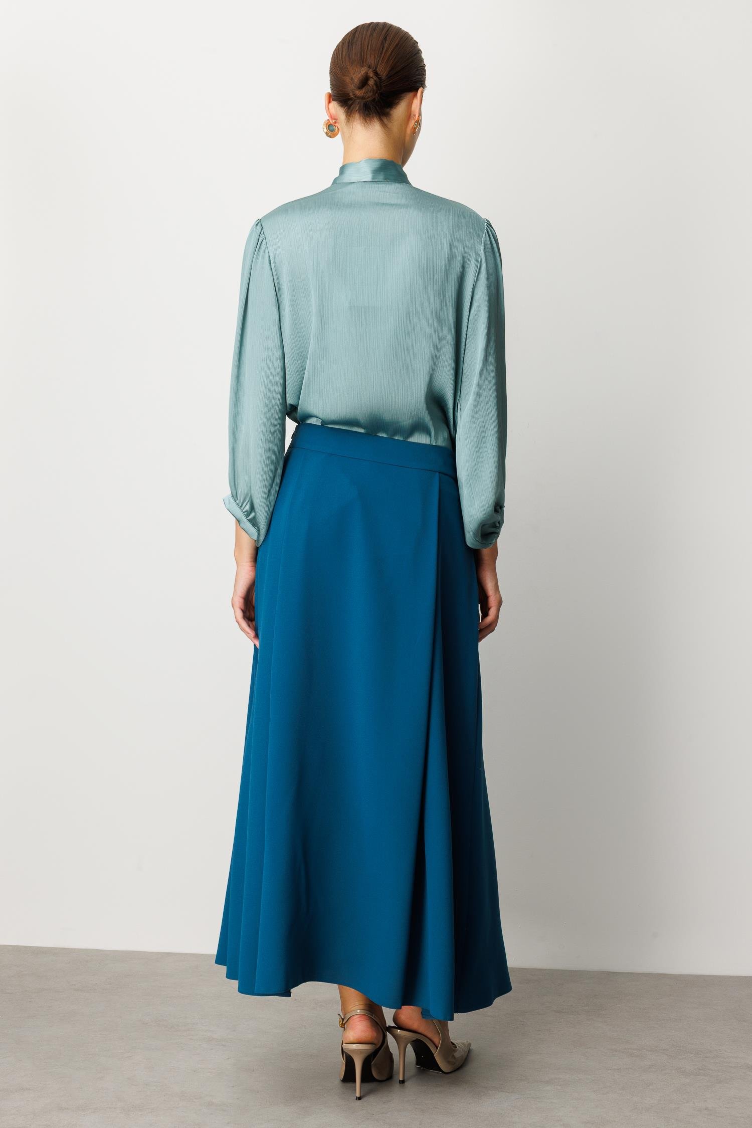 Sahte Cep Detaylı Krep Etek-PETROL