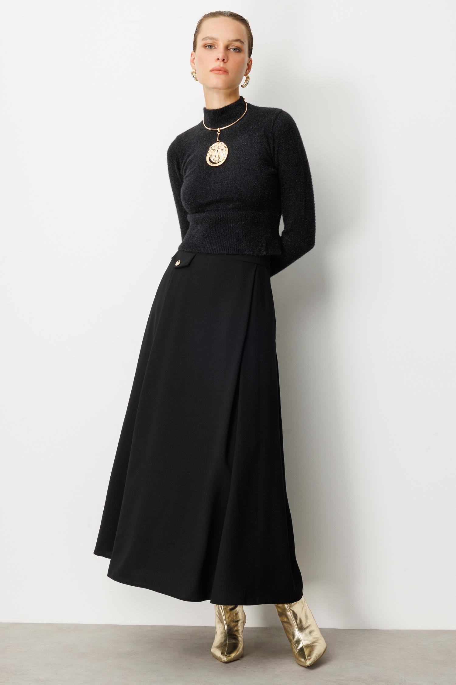 Sahte Cep Detaylı Krep Etek-SİYAH