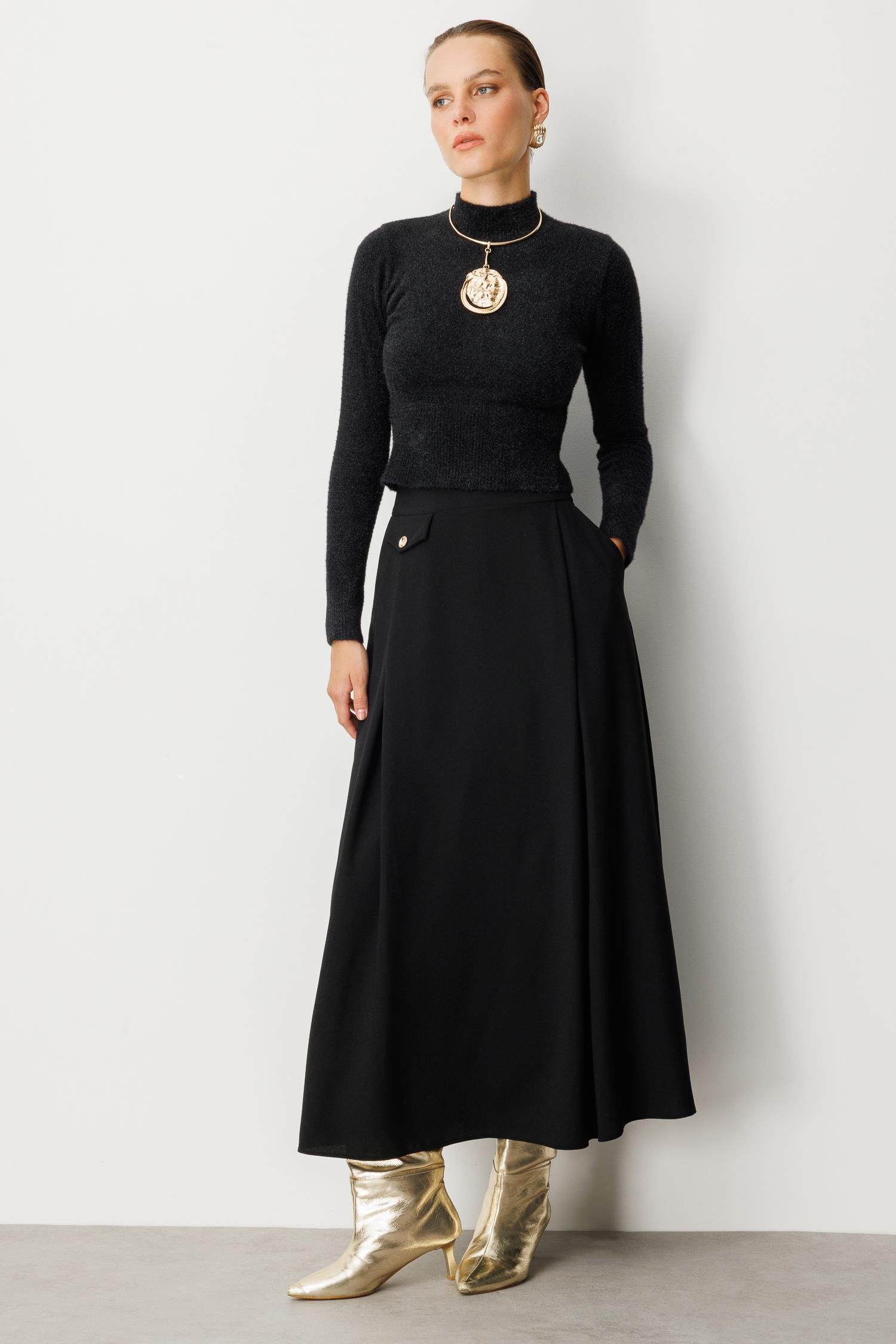 Sahte Cep Detaylı Krep Etek-SİYAH