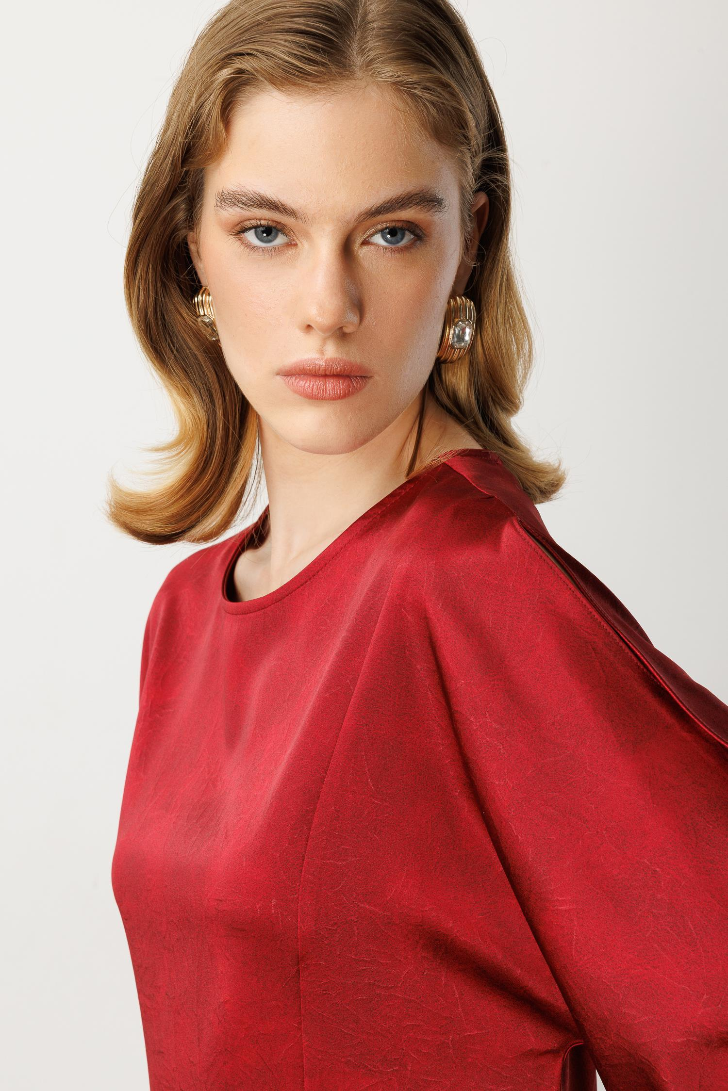 Saten Görünüm Kol Detaylı Elbise-BORDO