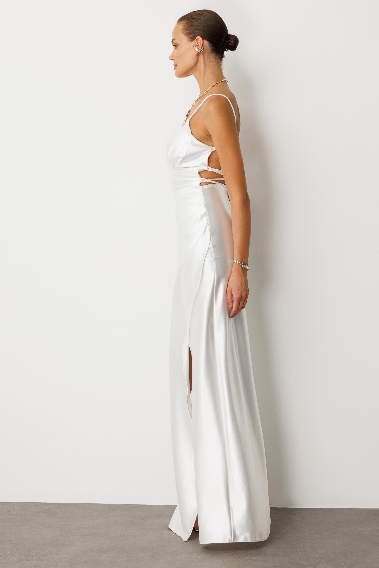 Saten Görünüm Kruvaze Abiye Elbise-EKRU