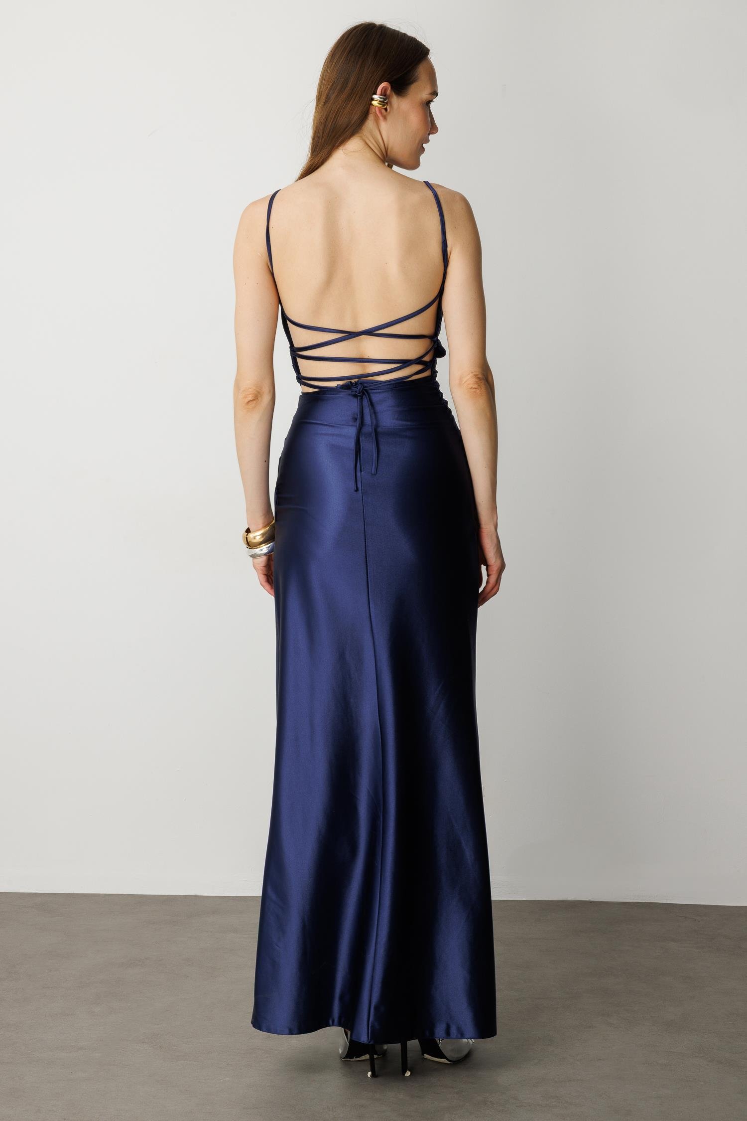 Saten Görünüm Kruvaze Abiye Elbise-LACI