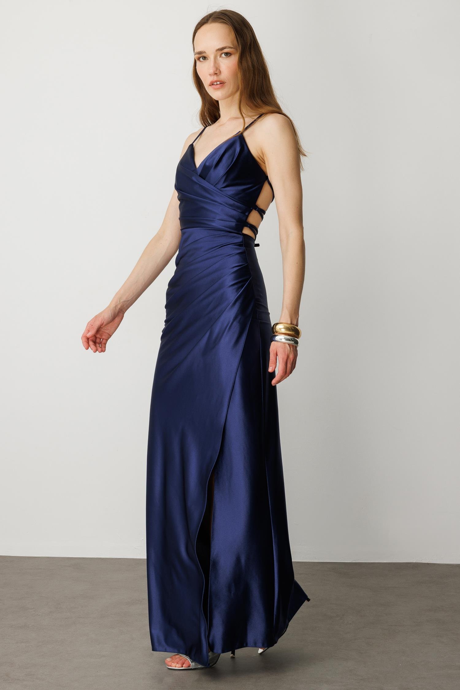 Saten Görünüm Kruvaze Abiye Elbise-LACI