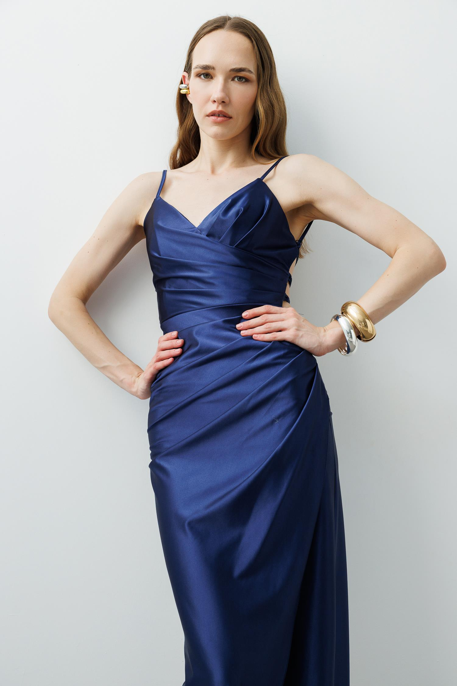 Saten Görünüm Kruvaze Abiye Elbise-LACI