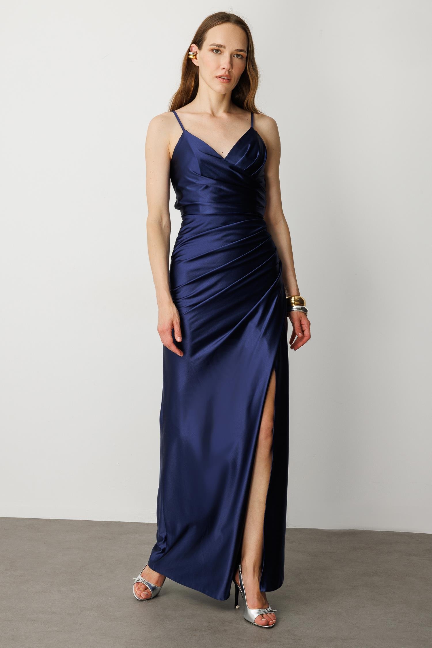 Saten Görünüm Kruvaze Abiye Elbise-LACI