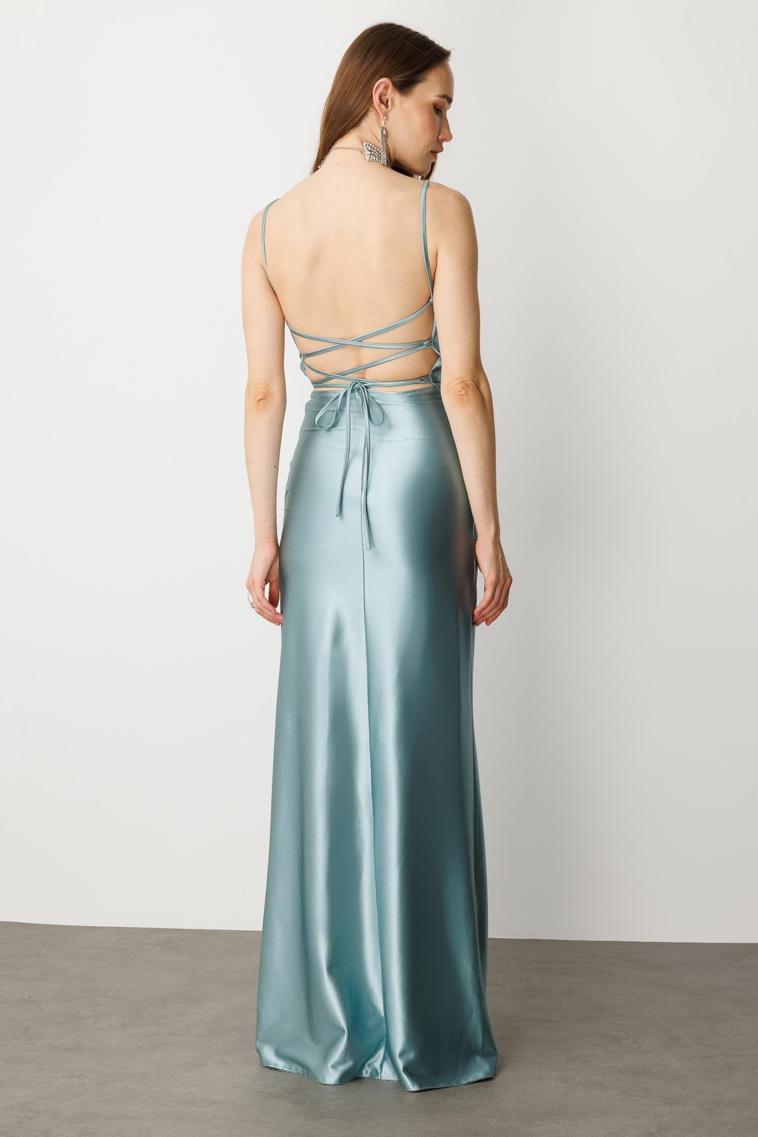 Saten Görünüm Kruvaze Abiye Elbise-MINT