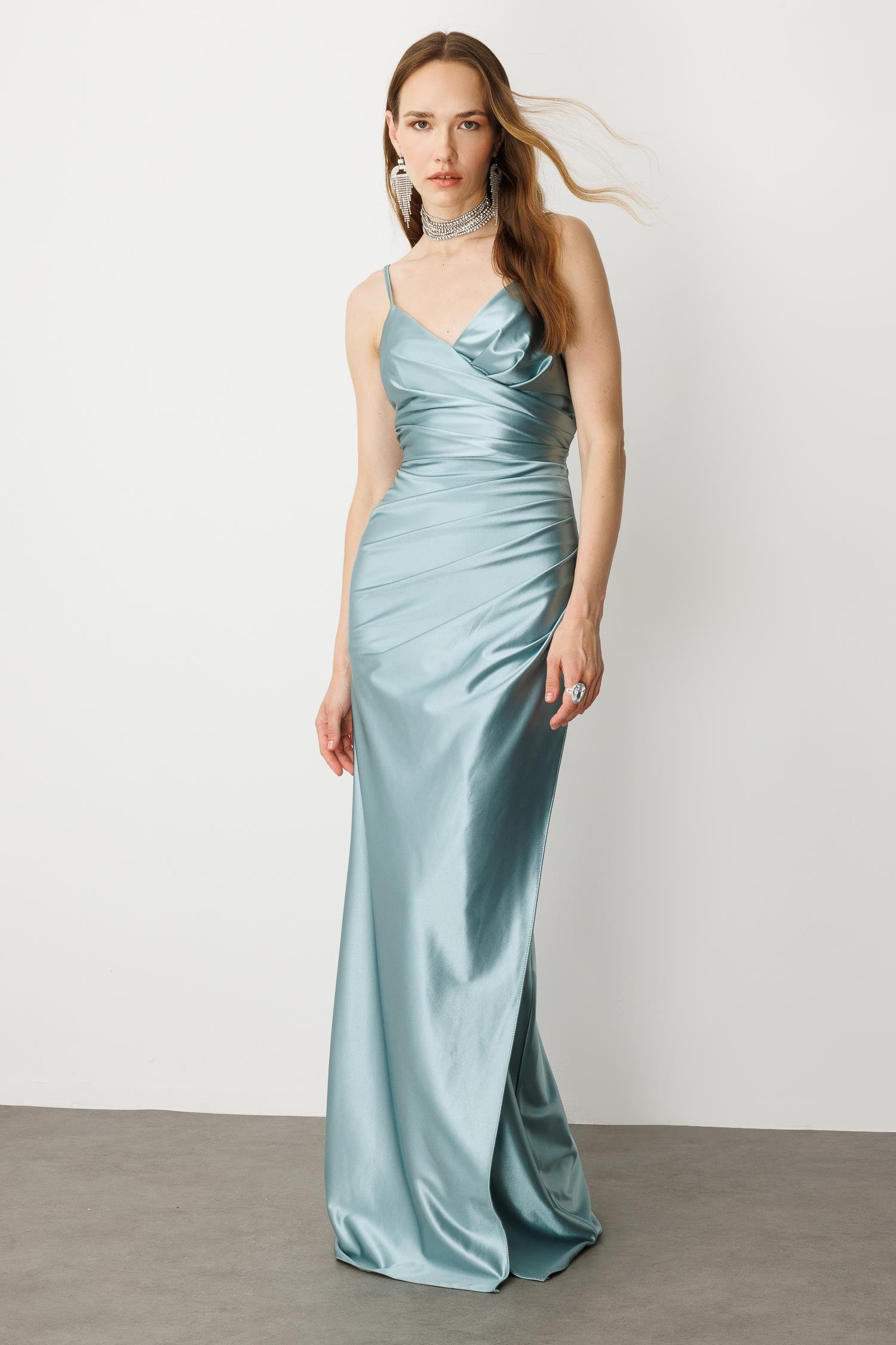 Saten Görünüm Kruvaze Abiye Elbise-MINT