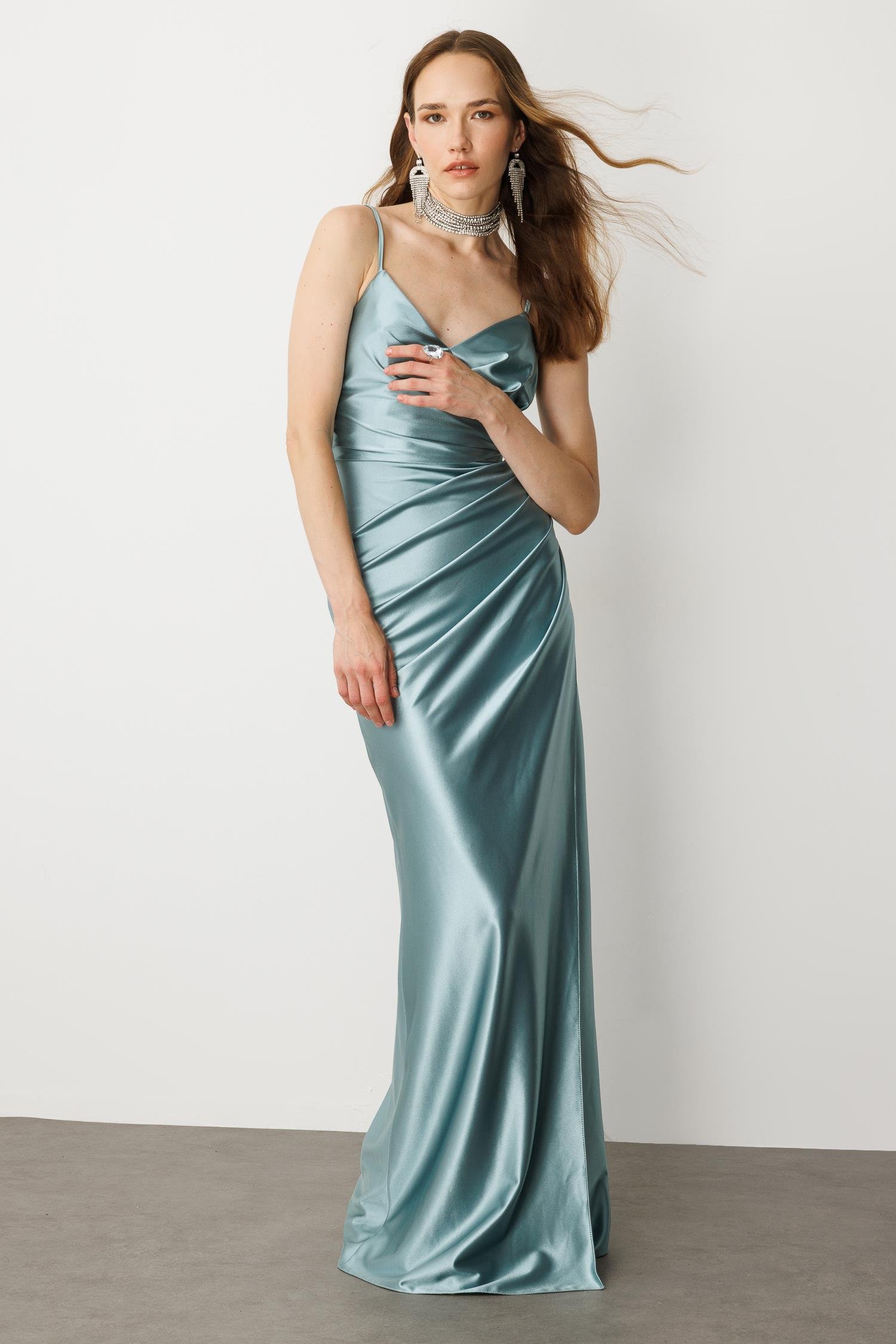 Saten Görünüm Kruvaze Abiye Elbise-MINT