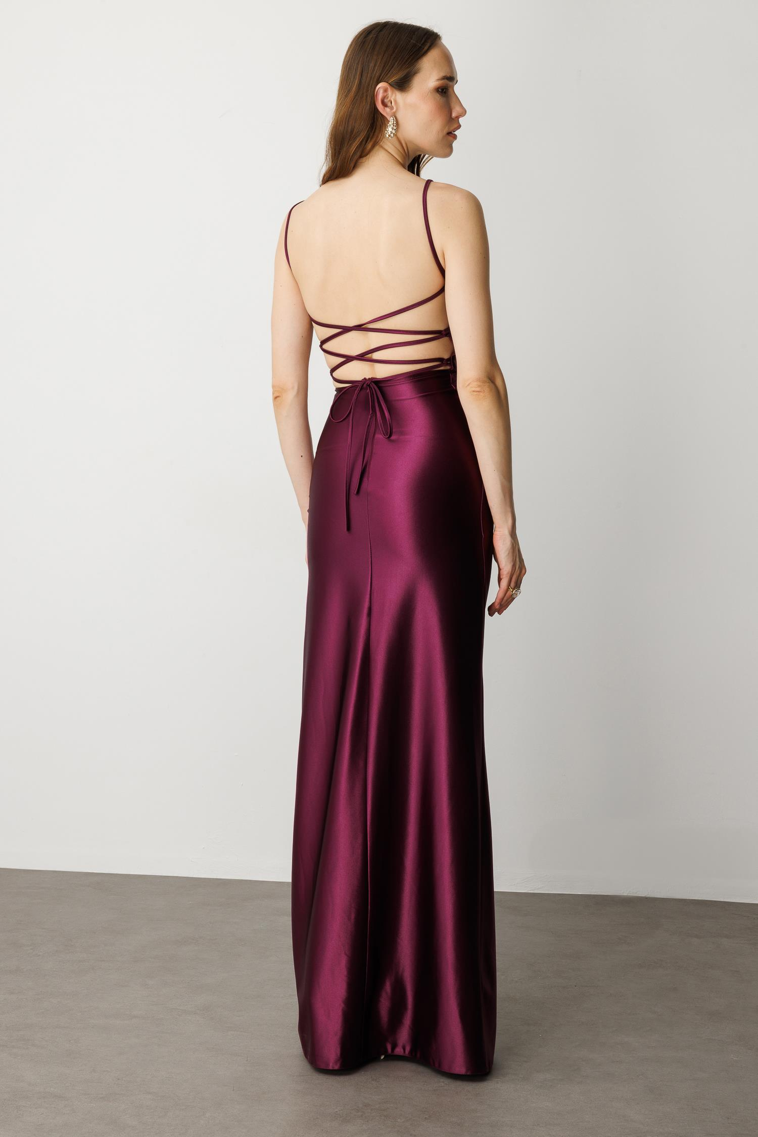 Saten Görünüm Kruvaze Abiye Elbise-MÜRDÜM