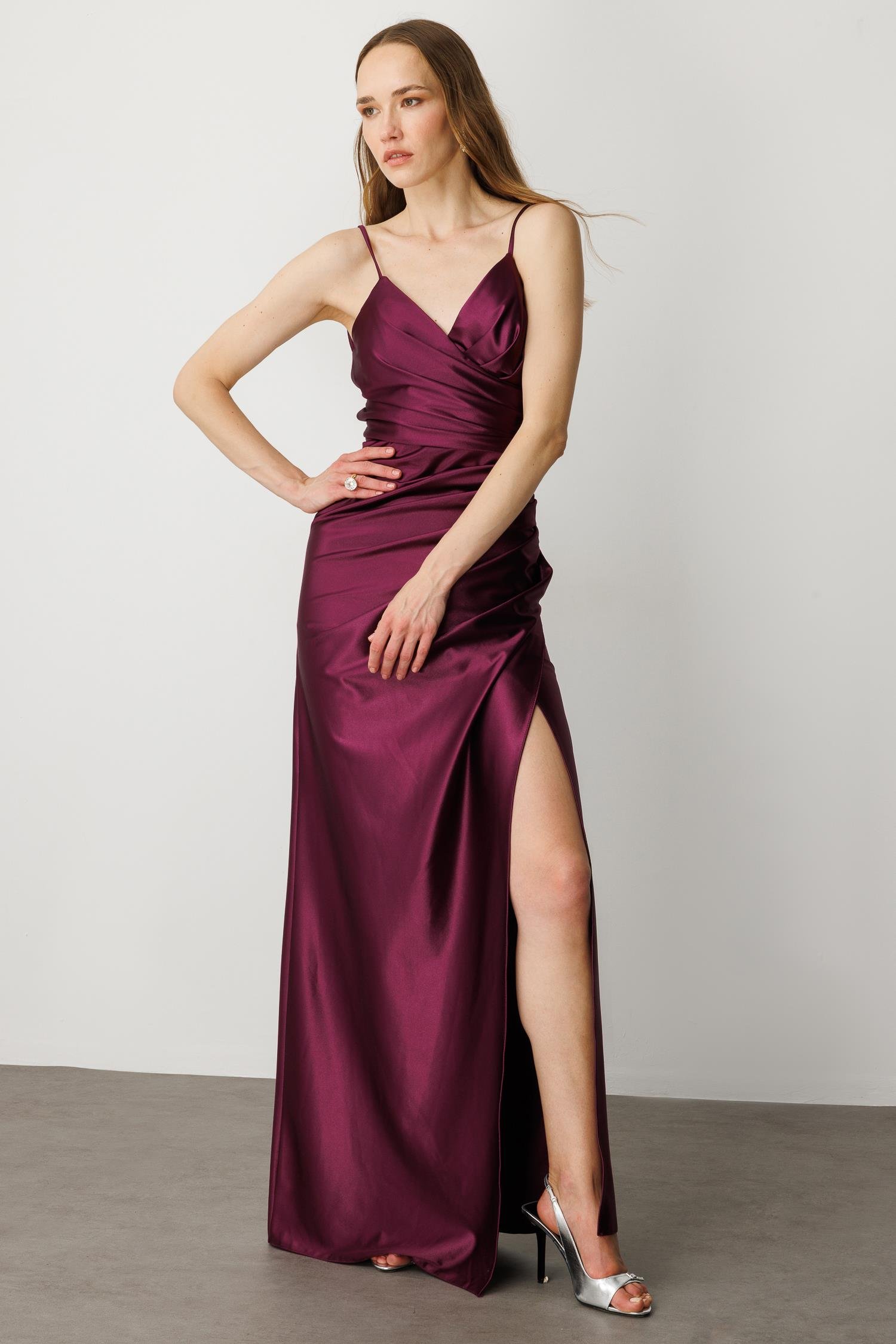 Saten Görünüm Kruvaze Abiye Elbise-MÜRDÜM