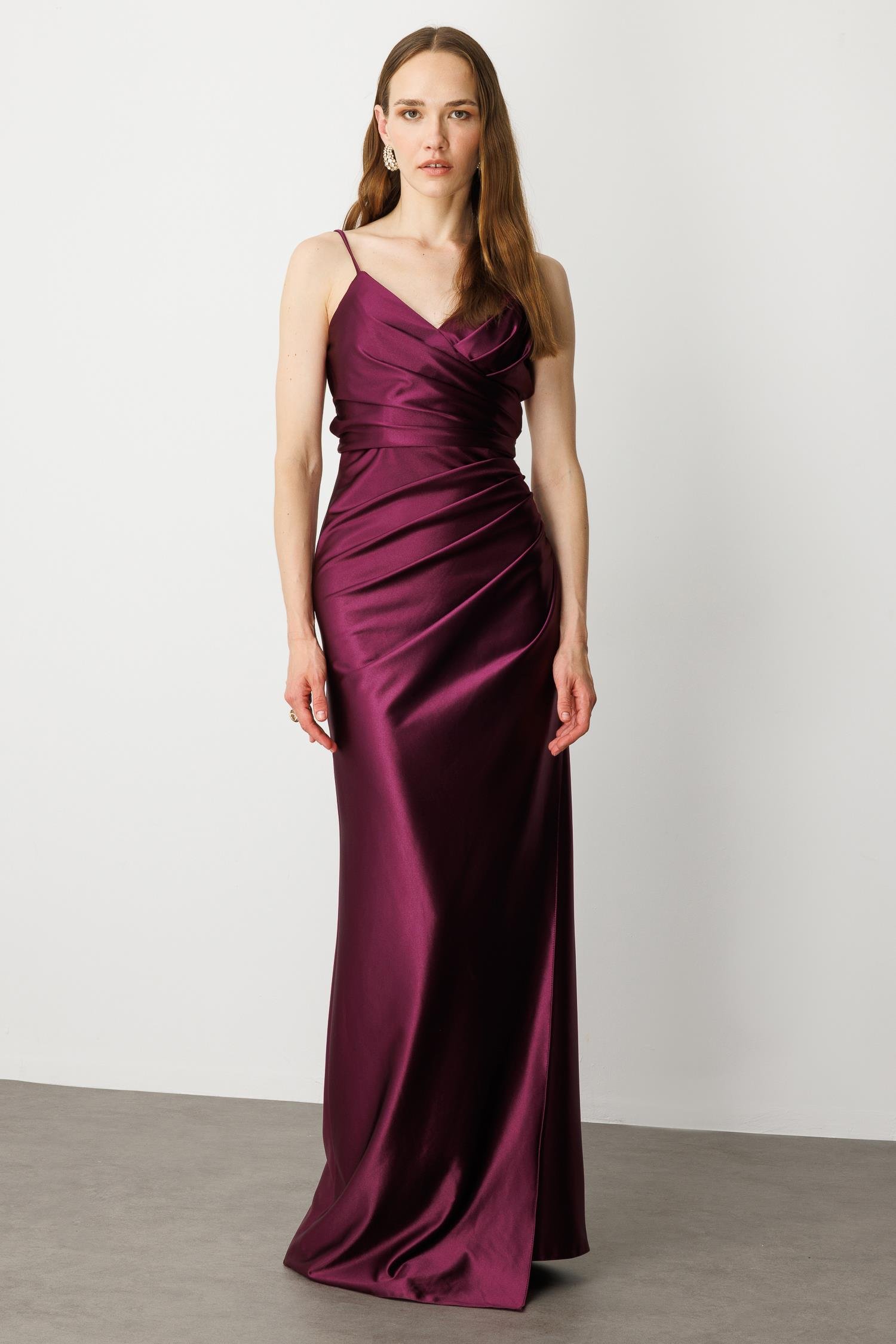 Saten Görünüm Kruvaze Abiye Elbise-MÜRDÜM