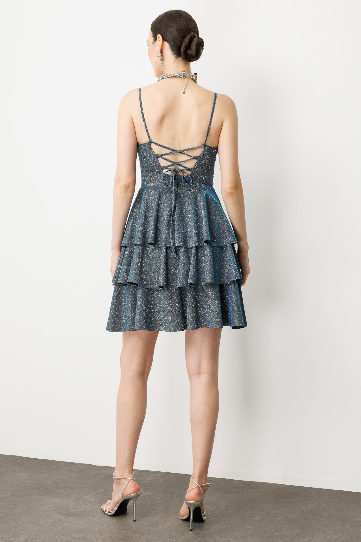 Sim Detay Kısa Abiye Elbise-SAX