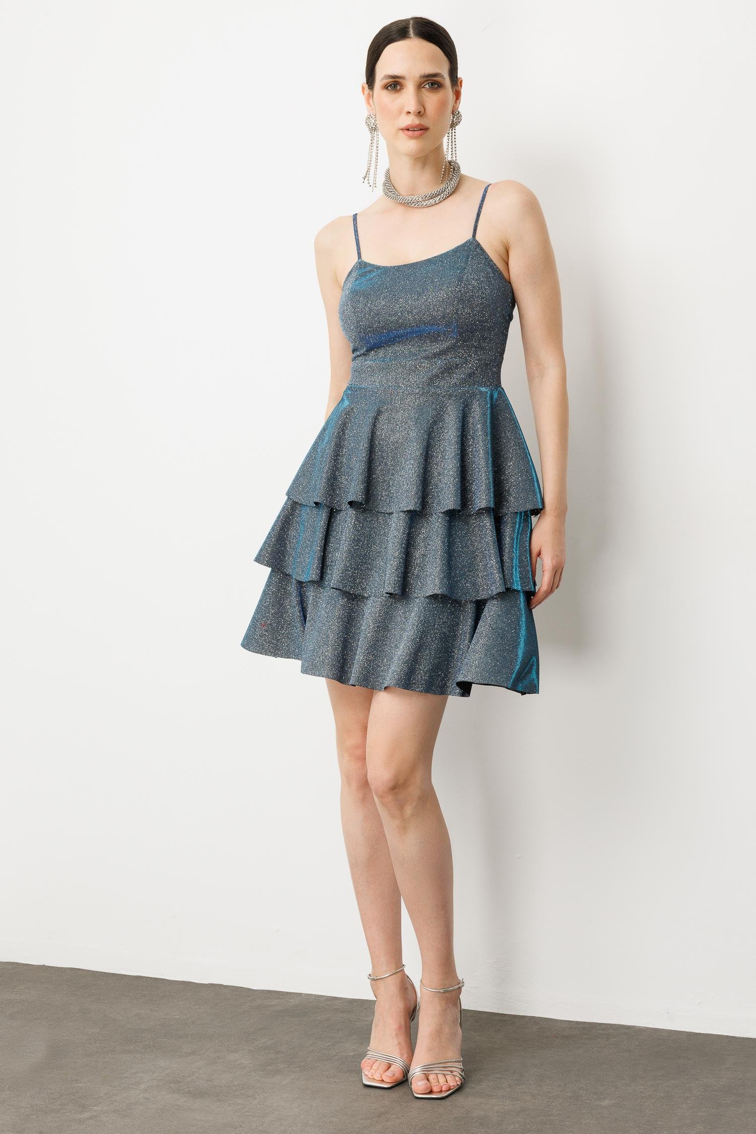 Sim Detay Kısa Abiye Elbise-SAX