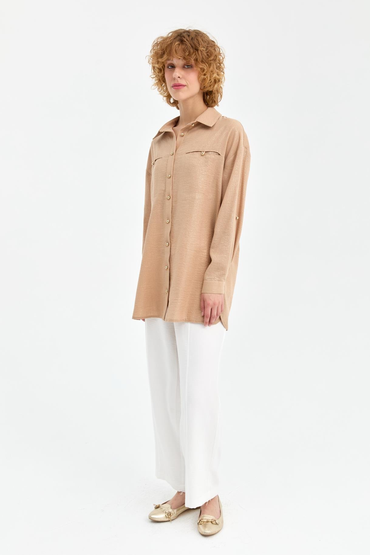 Sim Detaylı Keten Gömlek - CAMEL