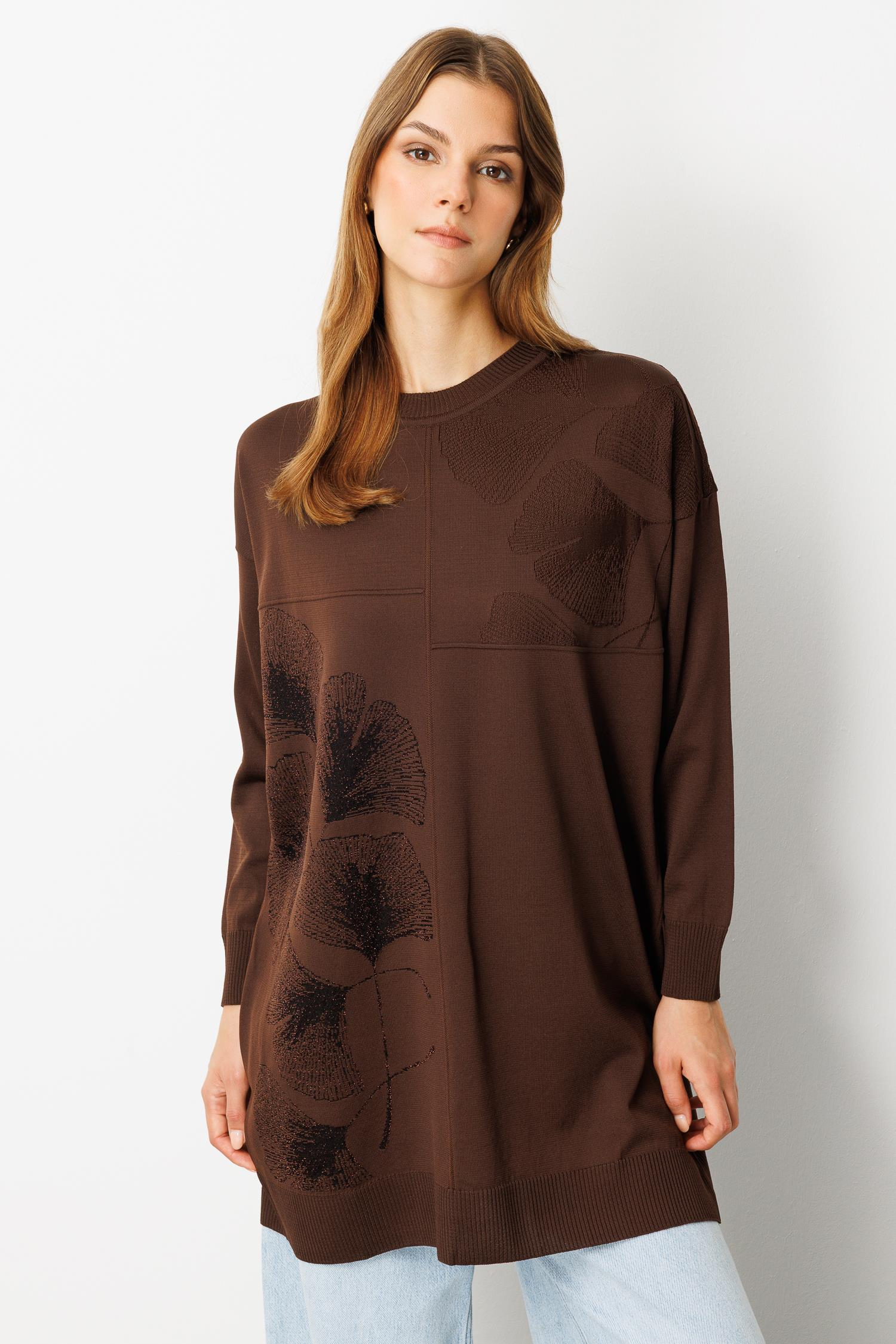 Simli Çiçek Detaylı Triko Tunik-KAHVE