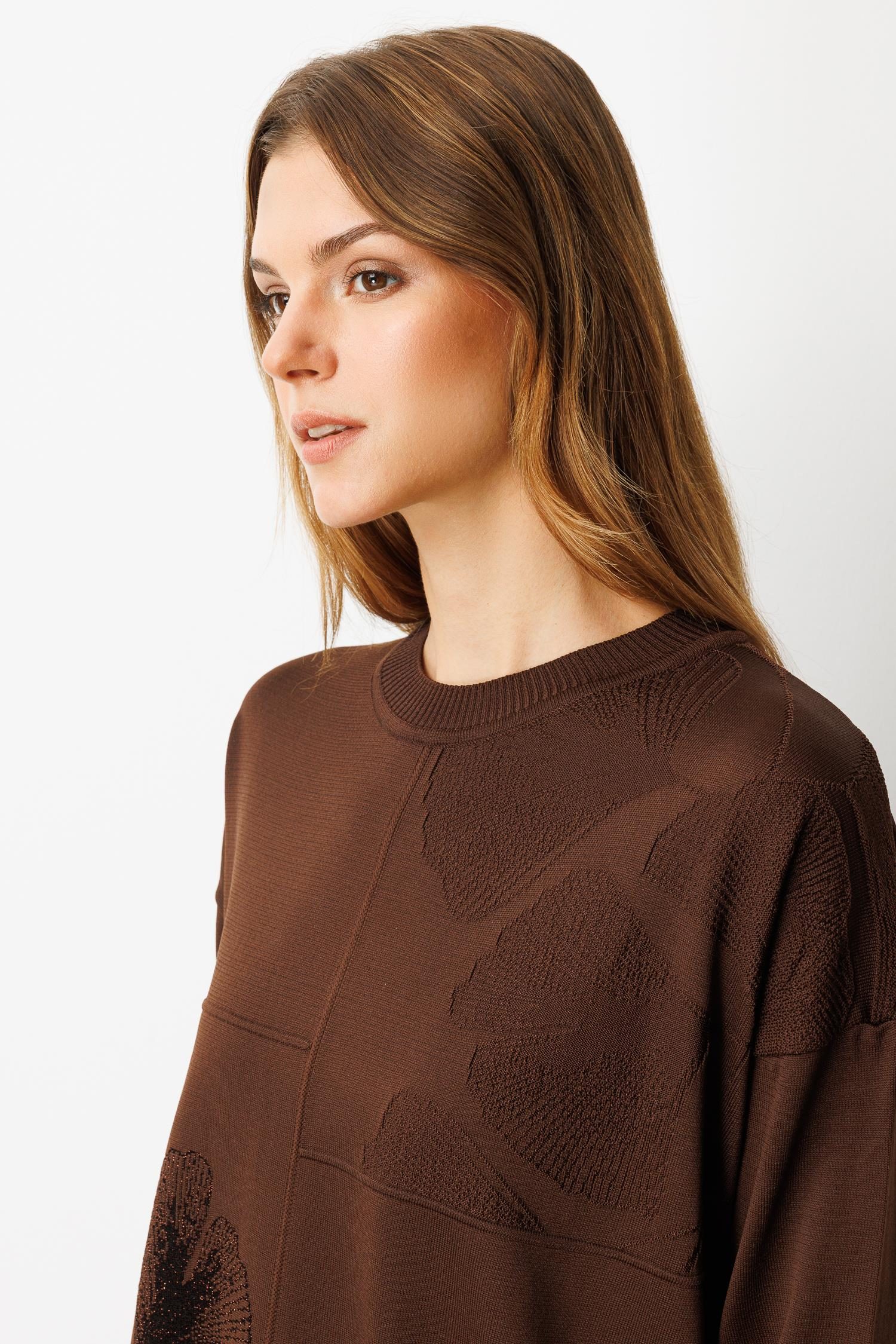 Simli Çiçek Detaylı Triko Tunik-KAHVE