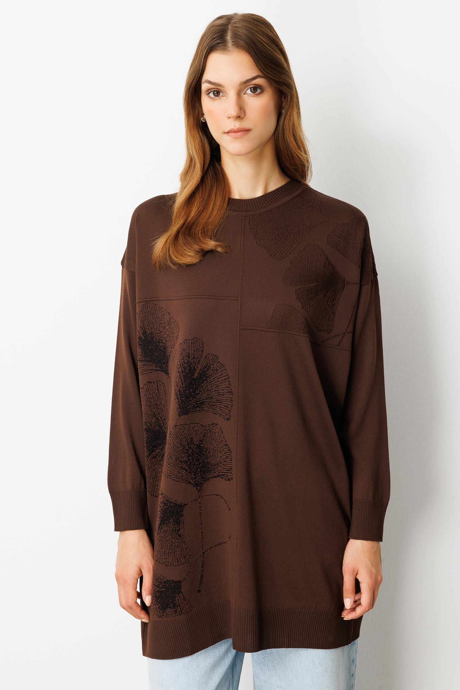 Simli Çiçek Detaylı Triko Tunik-KAHVE