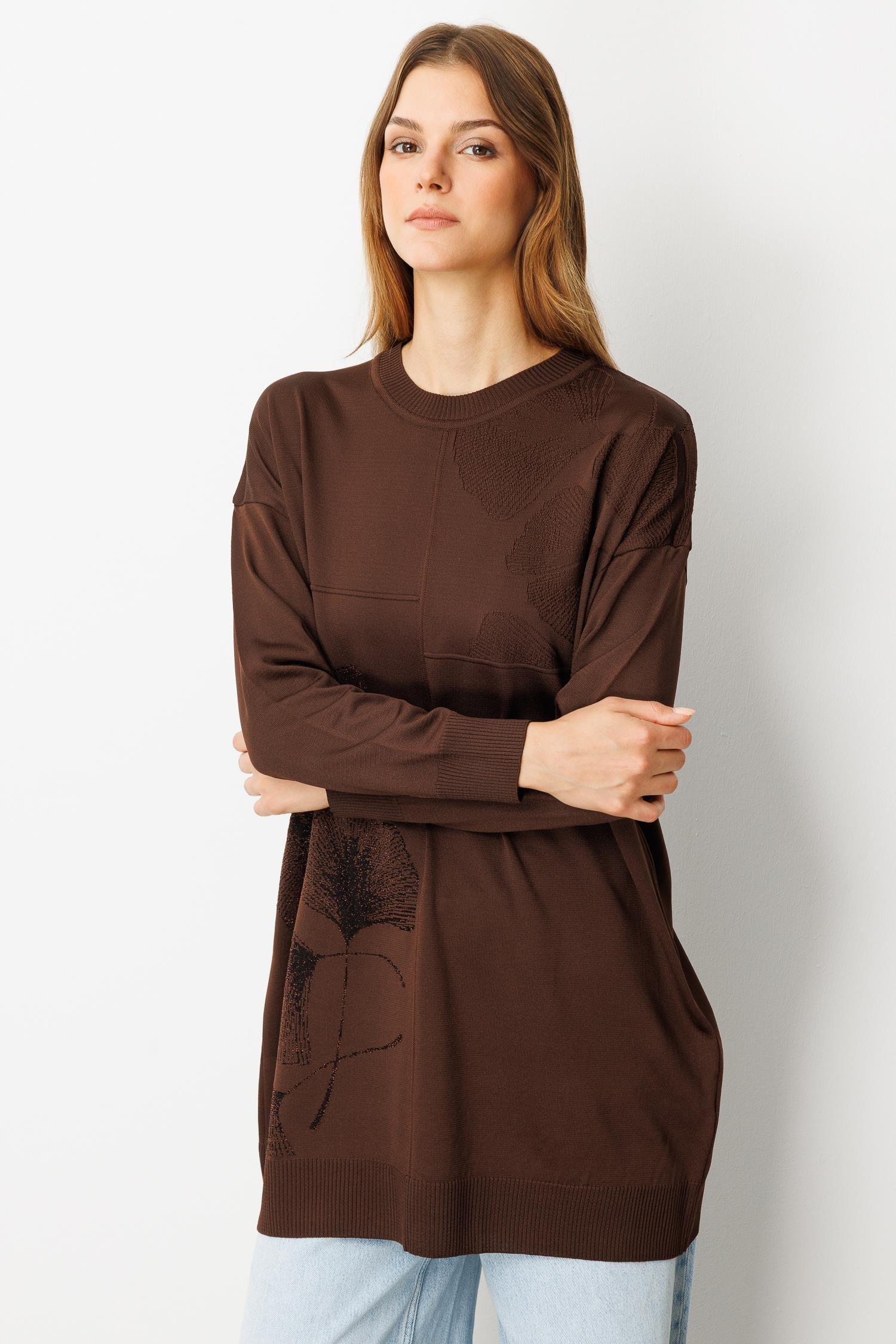 Simli Çiçek Detaylı Triko Tunik-KAHVE