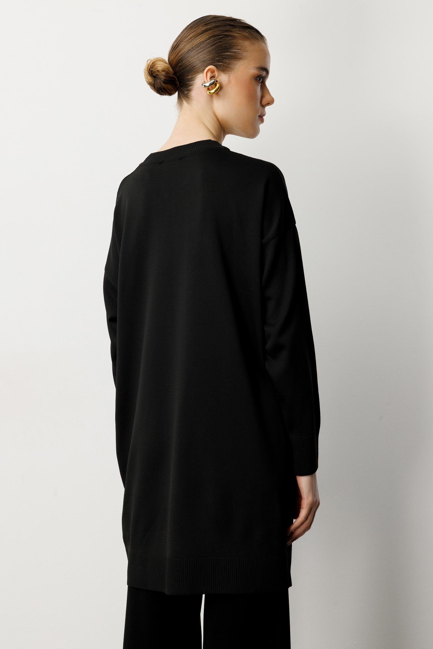 Simli Çiçek Detaylı Triko Tunik-SİYAH