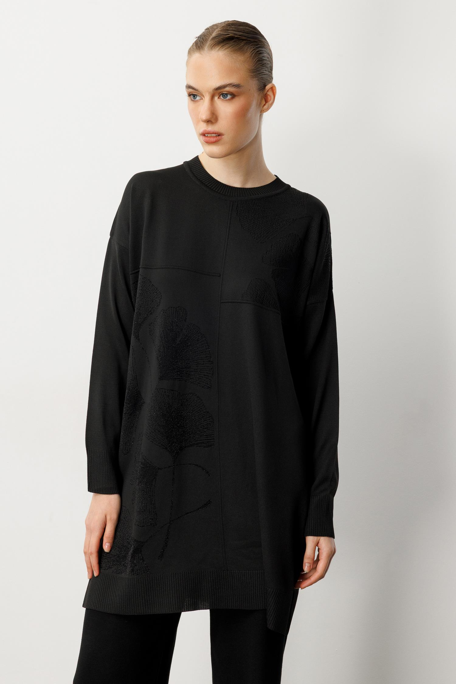 Simli Çiçek Detaylı Triko Tunik-SİYAH