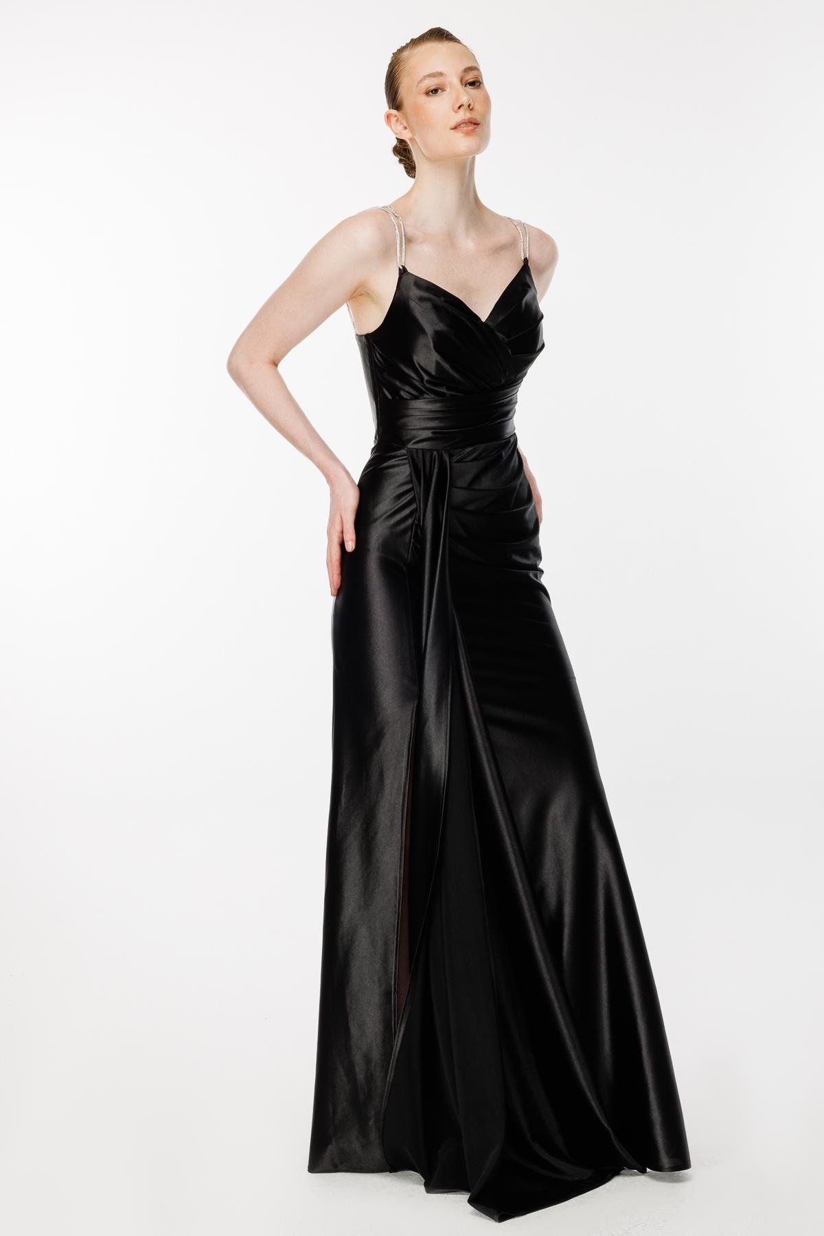 Simli İp Askılı Yırtmaçlı Saten Abiye - SİYAH