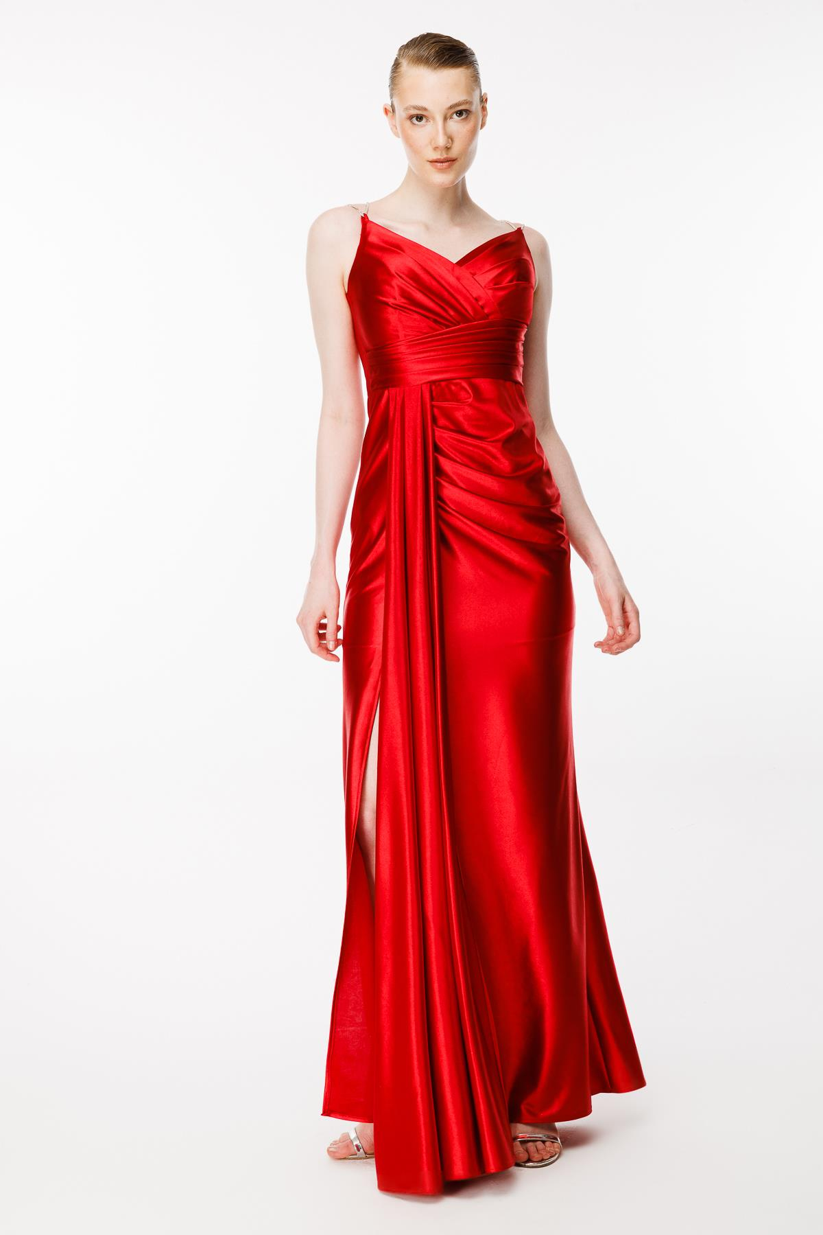 Simli İp Askılı Yırtmaçlı Saten Abiye - KIRMIZI