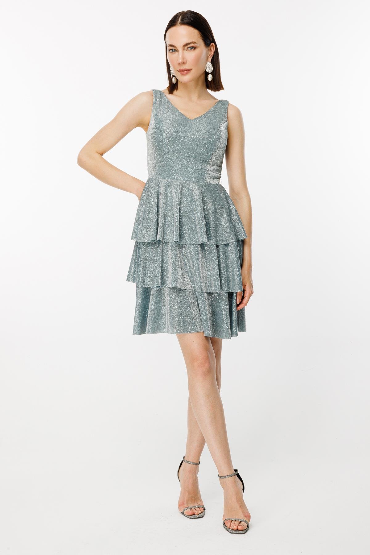 Simli Kat Kat Kısa Abiye - MINT