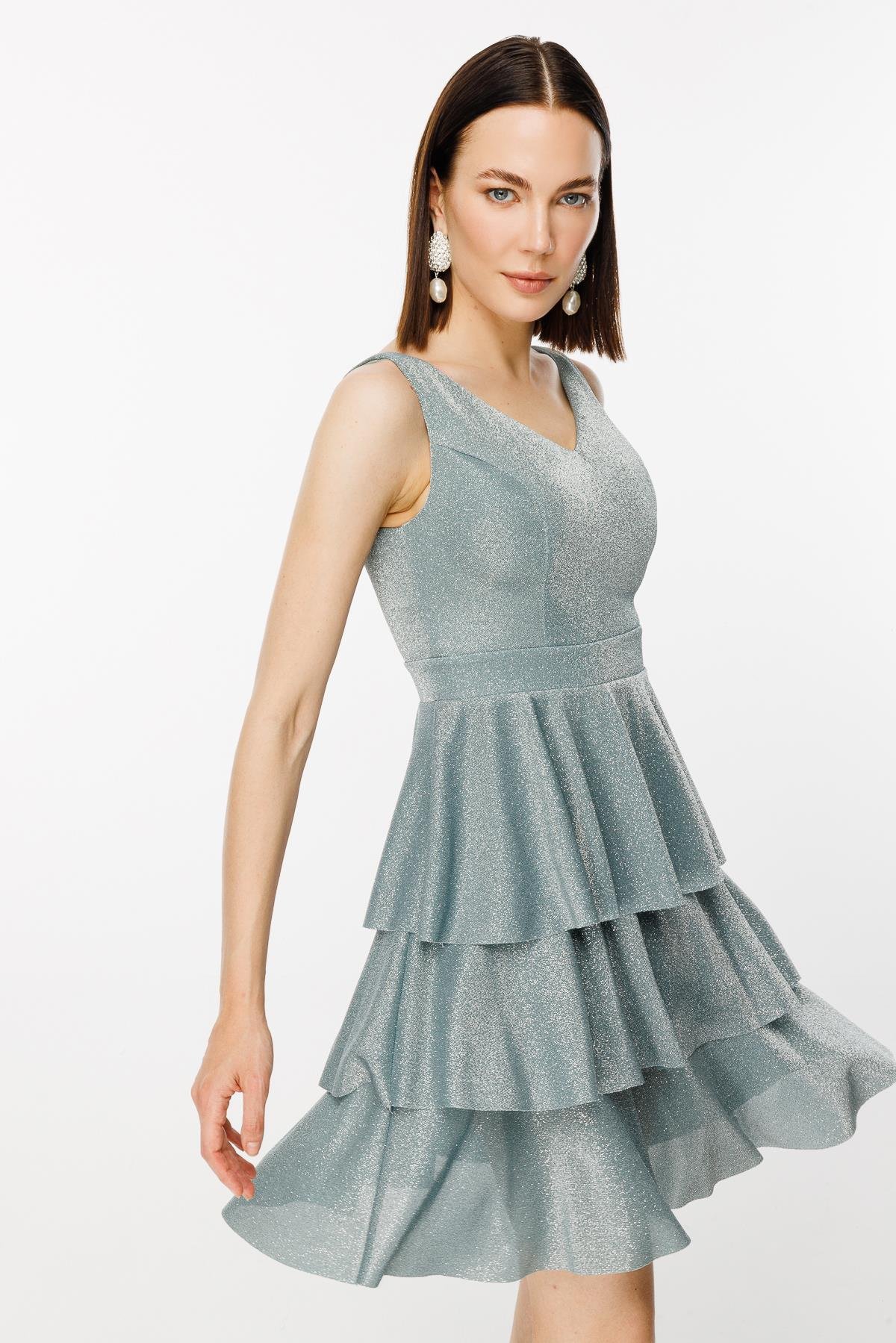 Simli Kat Kat Kısa Abiye - MINT