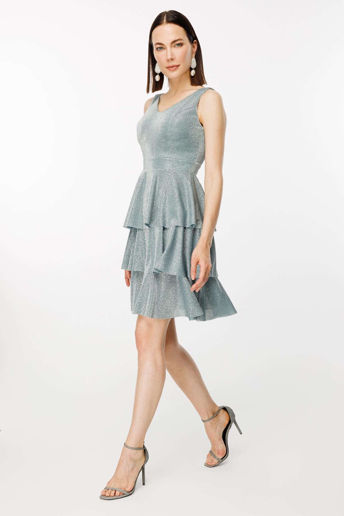 Simli Kat Kat Kısa Abiye - MINT