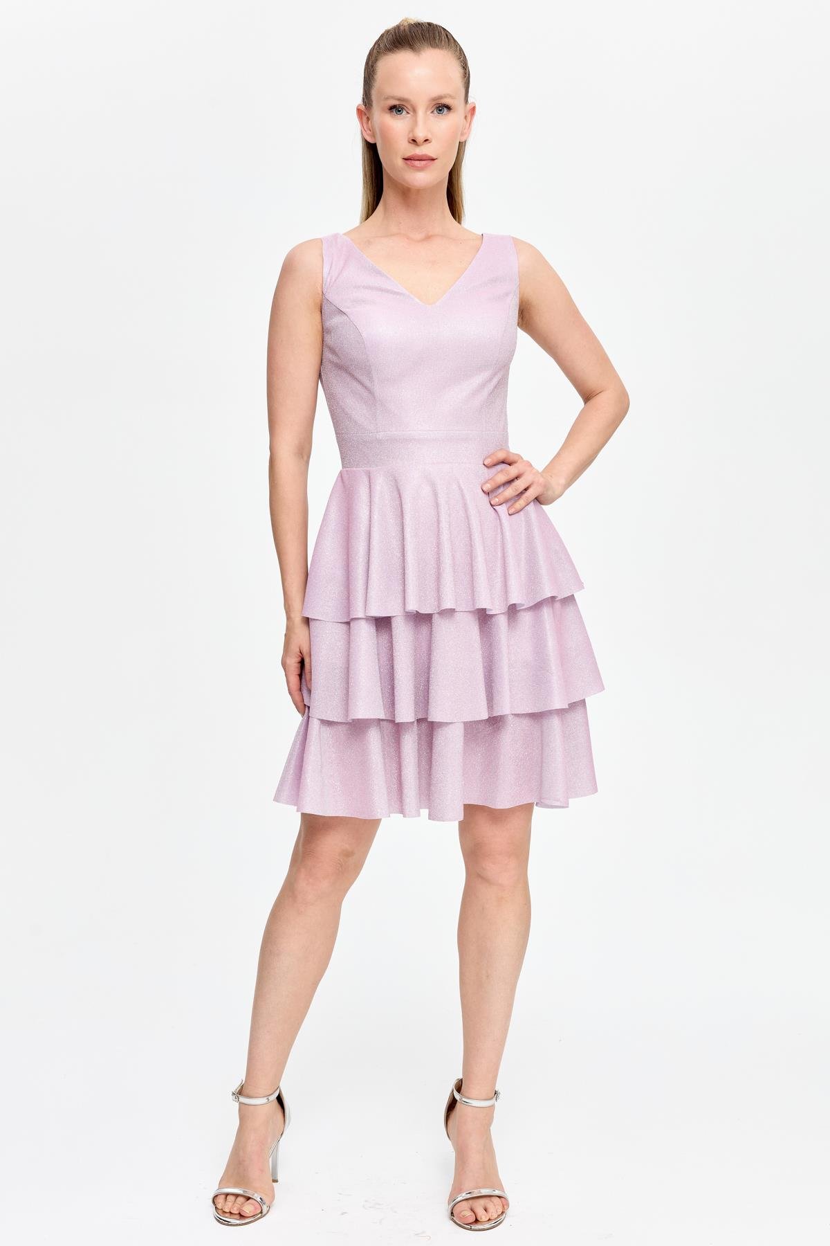 Simli ve Kat Kat Detaylı Kısa Abiye - PUDRA