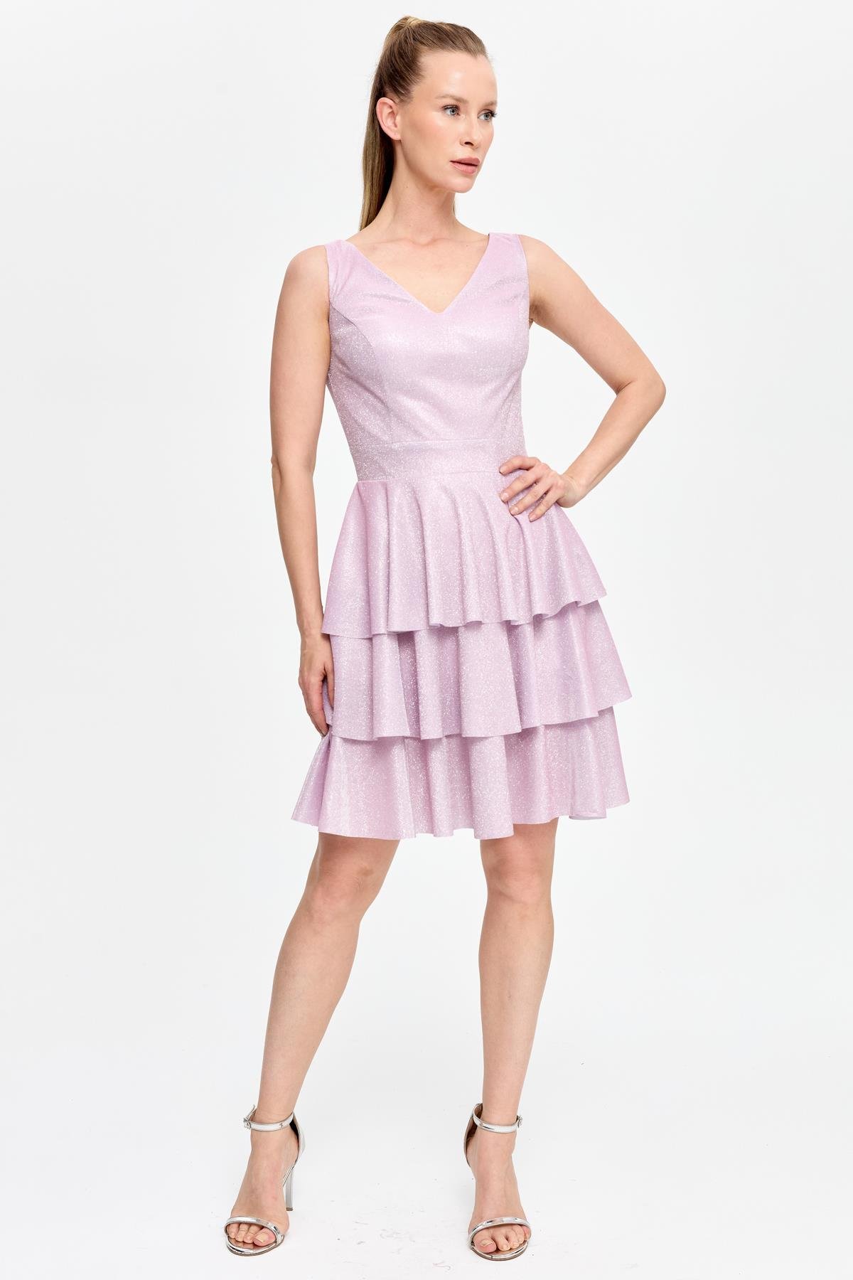 Simli ve Kat Kat Detaylı Kısa Abiye - PUDRA